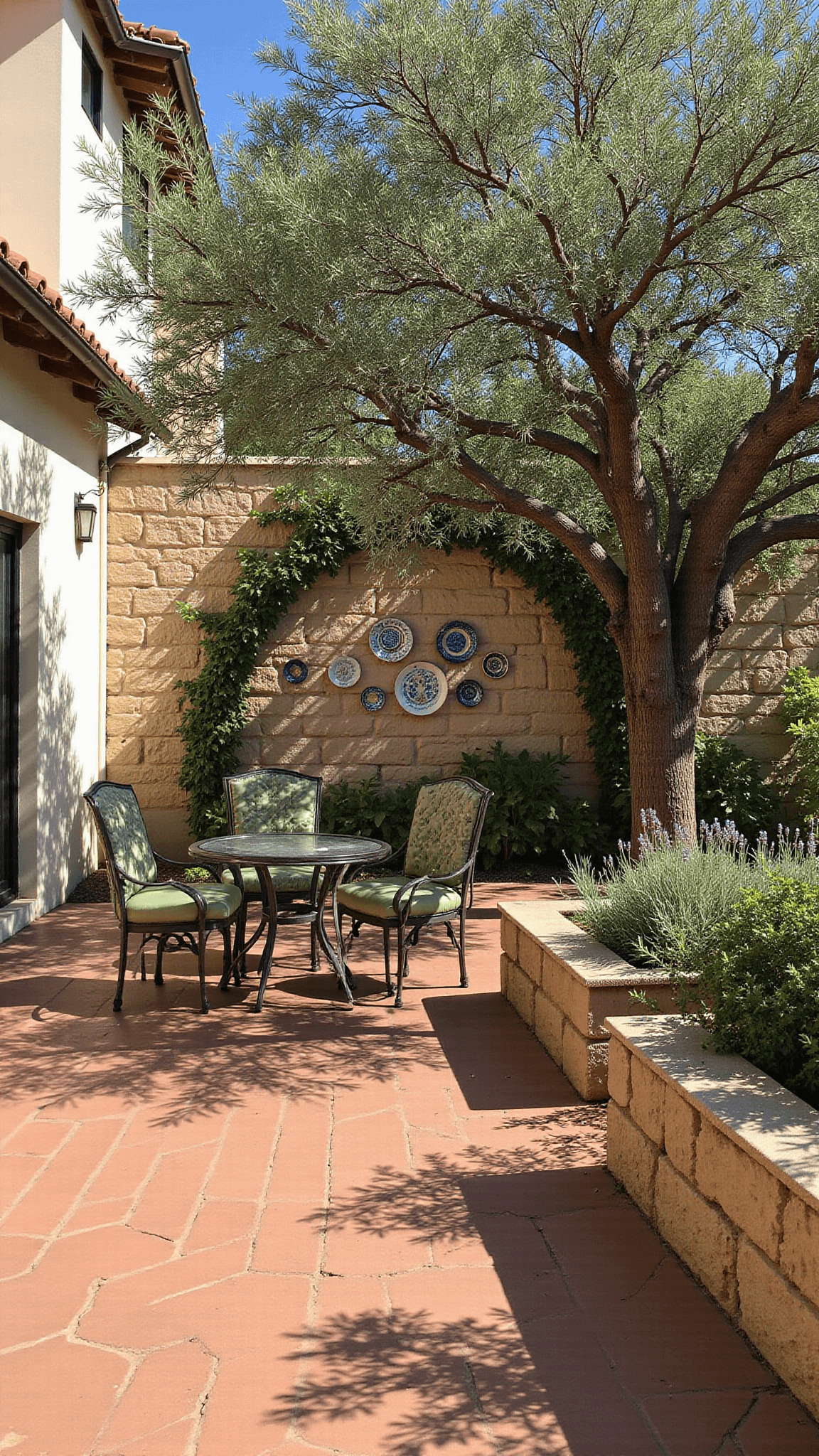 Romantic Mediterranean terrace with a bistro set, an ancient olive tree, and a stone wall adorned with ceramic plates; surrounded by lavender and rosemary beds with a wrought iron arbor covered in flowering vines.
