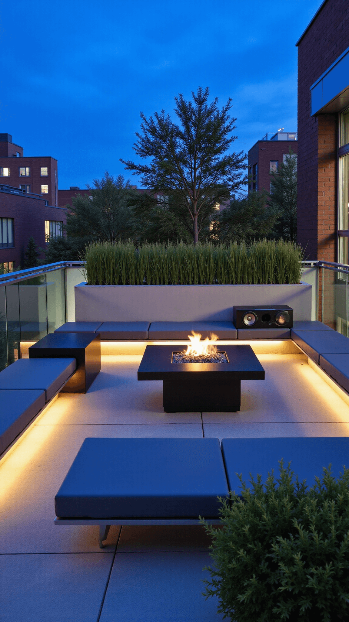 Contemporary rooftop patio at blue hour with modular seating, illuminated bench, concrete planters with greenery, minimalist fire pit and hidden outdoor speakers, against a city light bokeh backdrop.