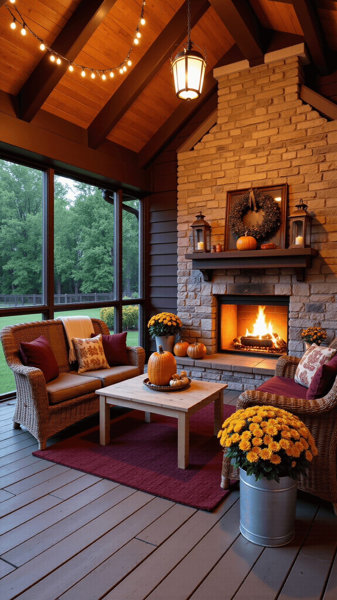 Vintage wicker furniture with amber and burgundy wool throws on a 14x18ft covered porch, surrounded by heirloom pumpkins and mums in galvanized containers, under canopy of Edison bulb string lights and beside a stone fireplace flanked by copper lanterns, shot at dusk for a cozy and nostalgic ambiance.