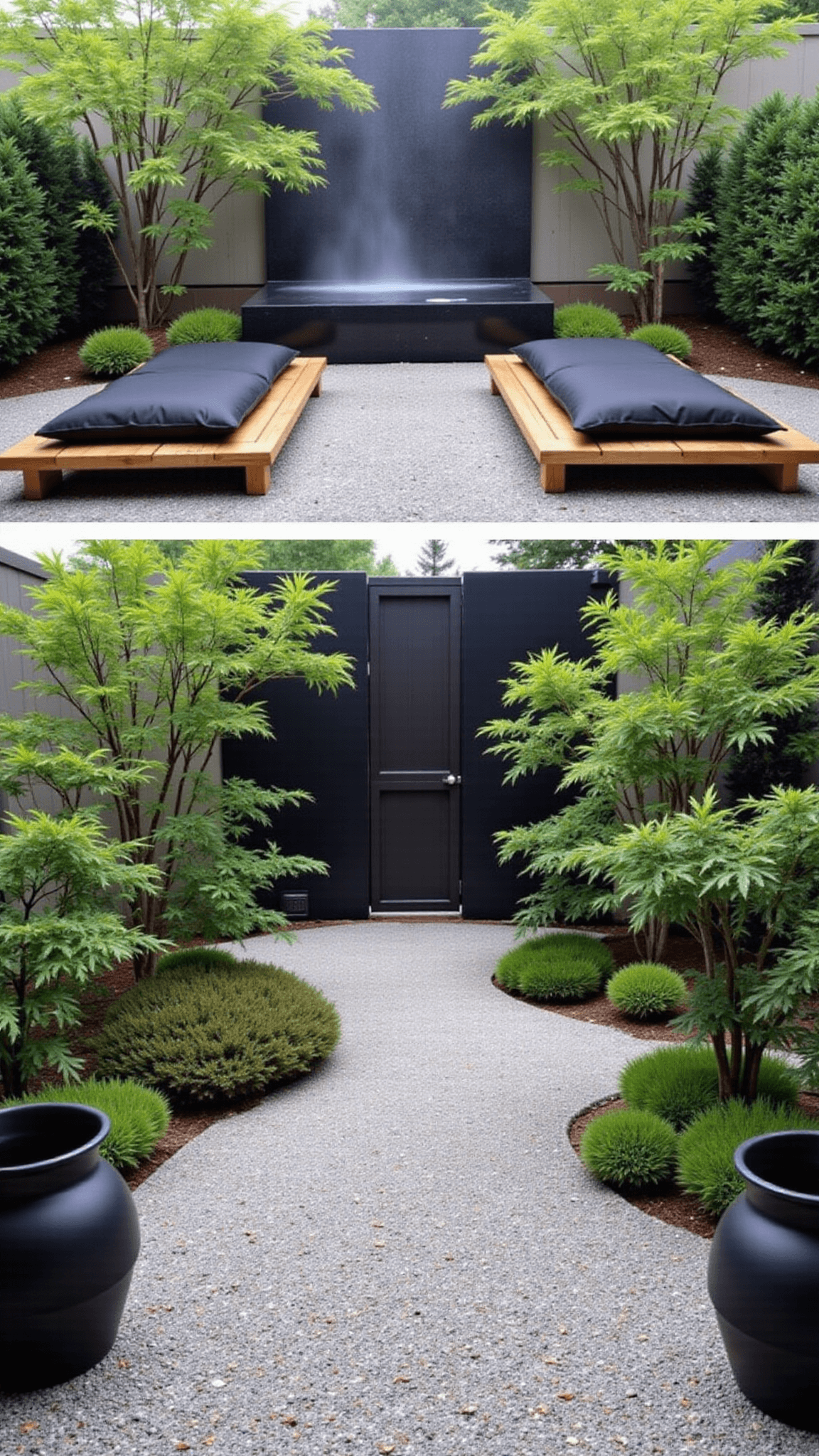 Japanese-style zen garden patio with black granite water feature, teak seating, gravel garden, bamboo and maple trees, and ceramic containers with pruned shrubs in a misty morning setting.