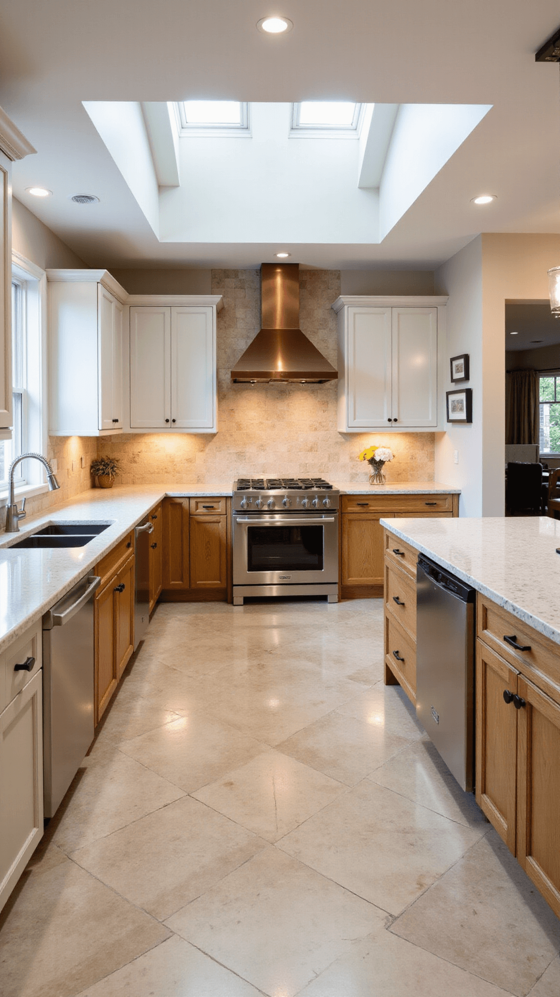 Bird's eye view of a spacious transitional farmhouse kitchen featuring beige travertine tiles, mixed wood cabinets, copper range hood, skylights, and dramatic overhead lighting.