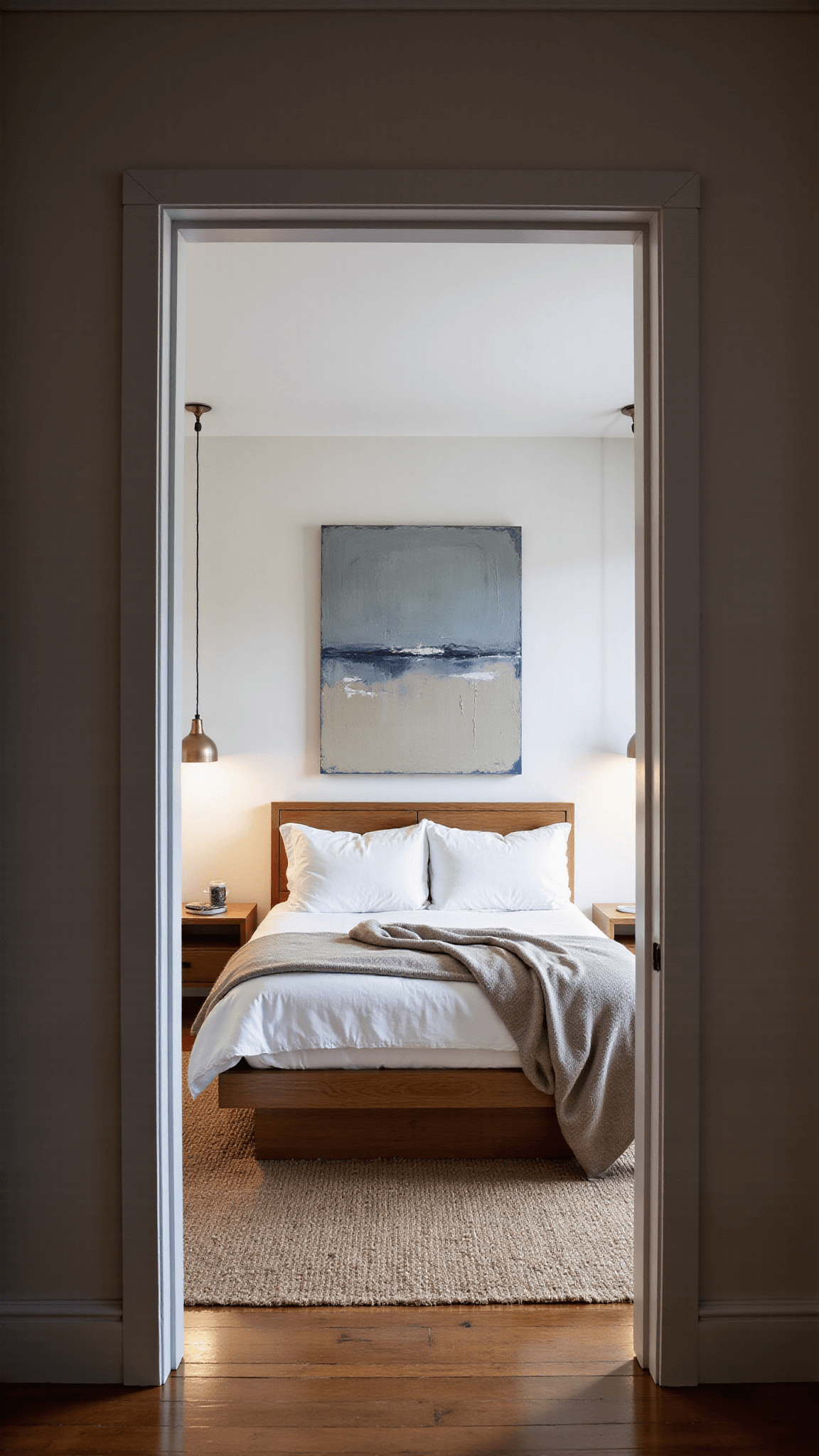 Ethereal bedroom at twilight with oak platform bed, white linen bedding, wool throws, abstract canvas, ceramic pendant lights, and a jute rug.