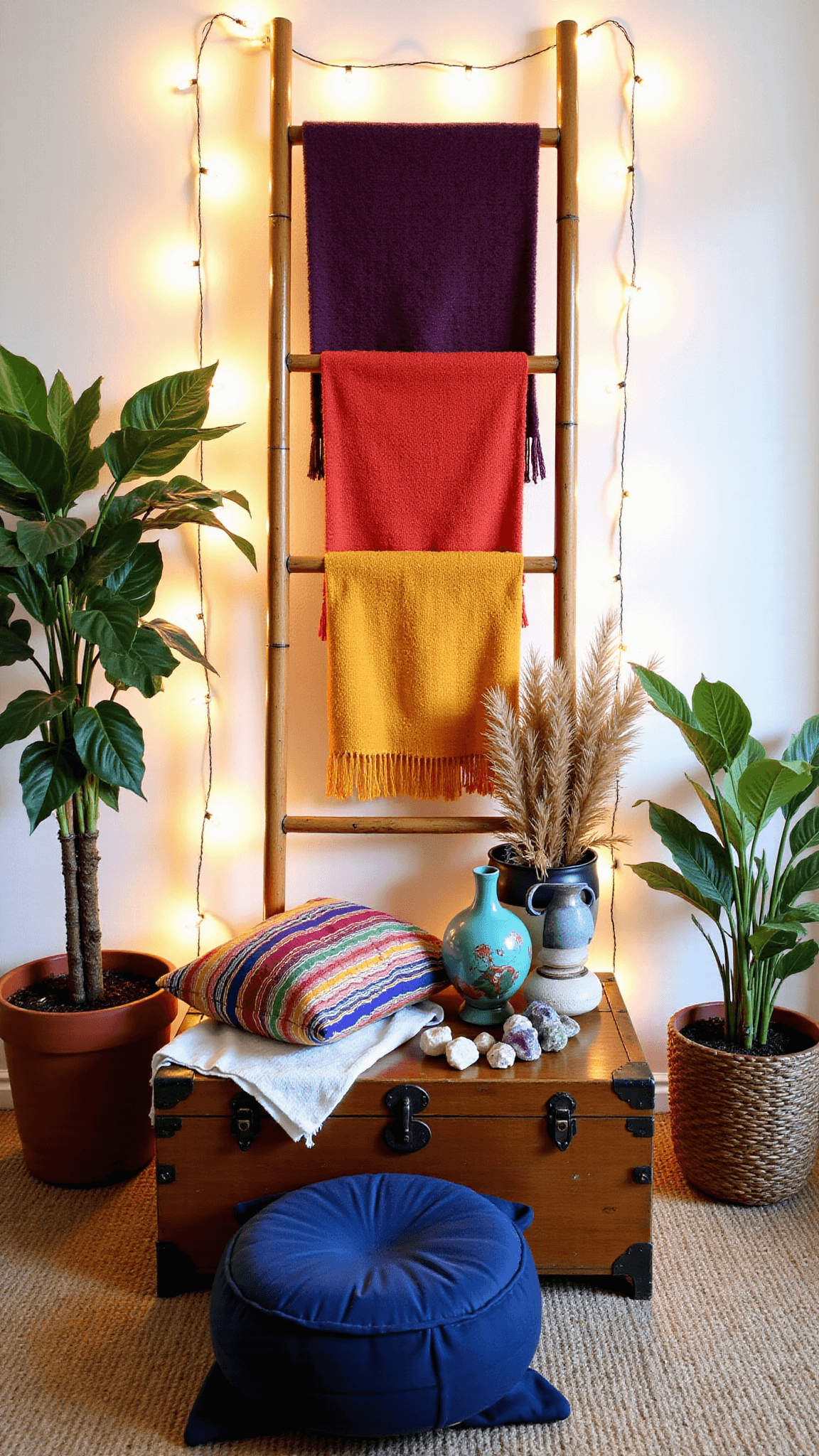 Cozy bedroom corner illuminated by copper string lights with bamboo ladder displaying textiles, weathered wooden trunk with pottery and dried pampas grass, indigo mudcloth ottoman and rainbow-striped cushions on sisal rug, with trailing pothos plants and twinkling lights bokeh.