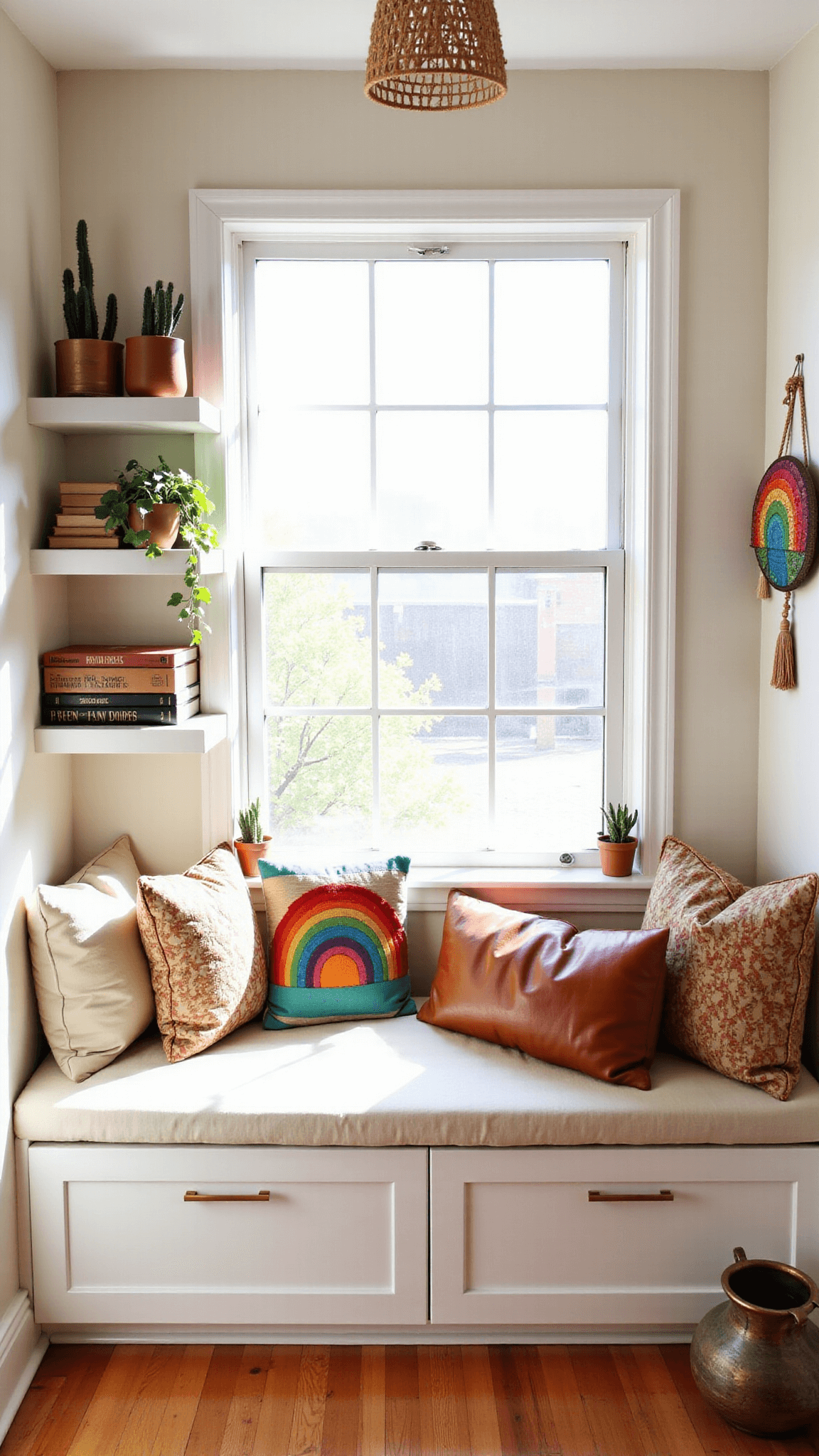 Sunlit bedroom alcove featuring a window seat with rainbow cushions, shelves with brass objects and vintage books, and a circular fiber art piece, with morning light creating shadows through a rattan pendant.