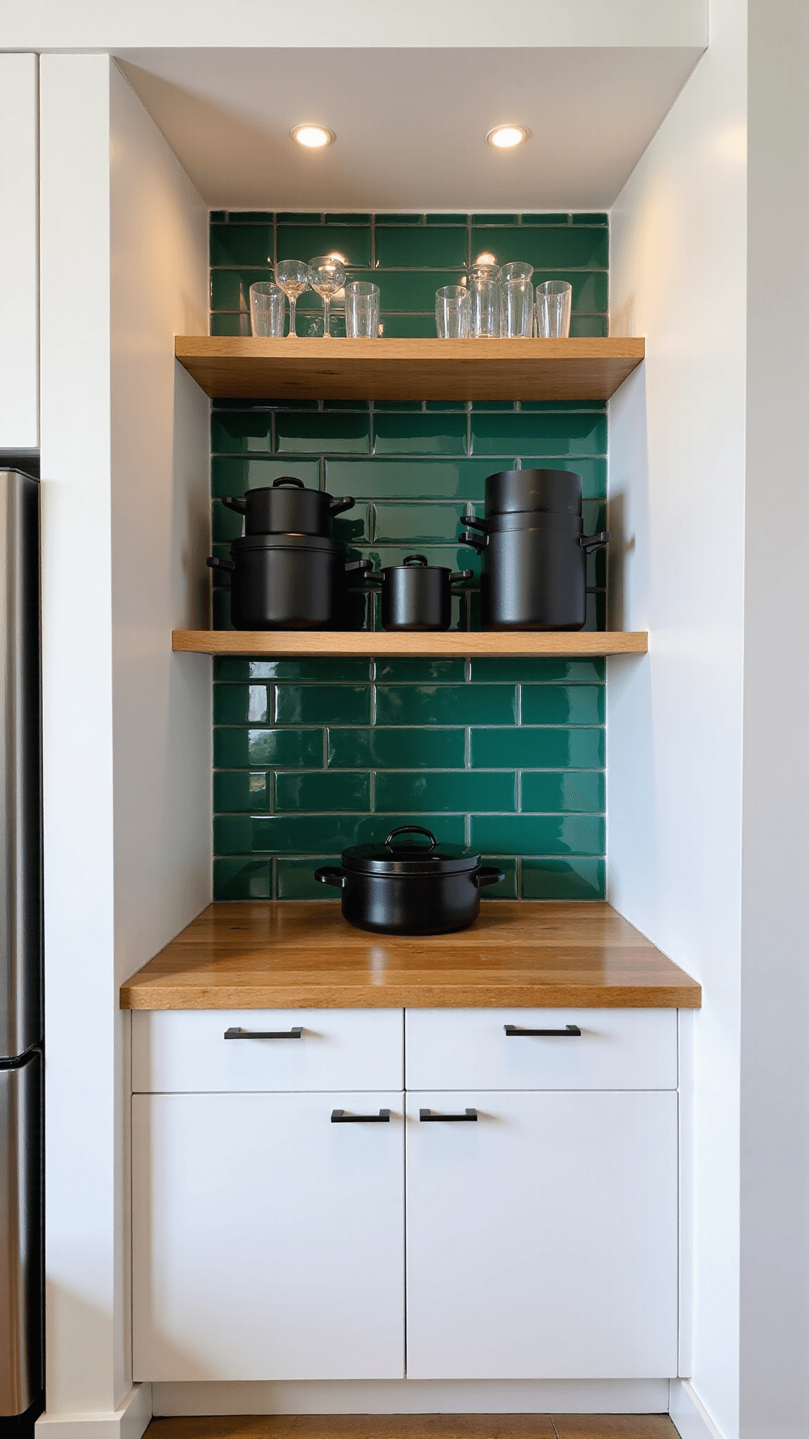Overhead view of a 7x7ft modern kitchen nook at dusk featuring white cabinetry, butcher block counters, emerald green tile backsplash, floating shelves with matte black cookware and glasses, mixed lighting sources amplifying metallic surfaces.