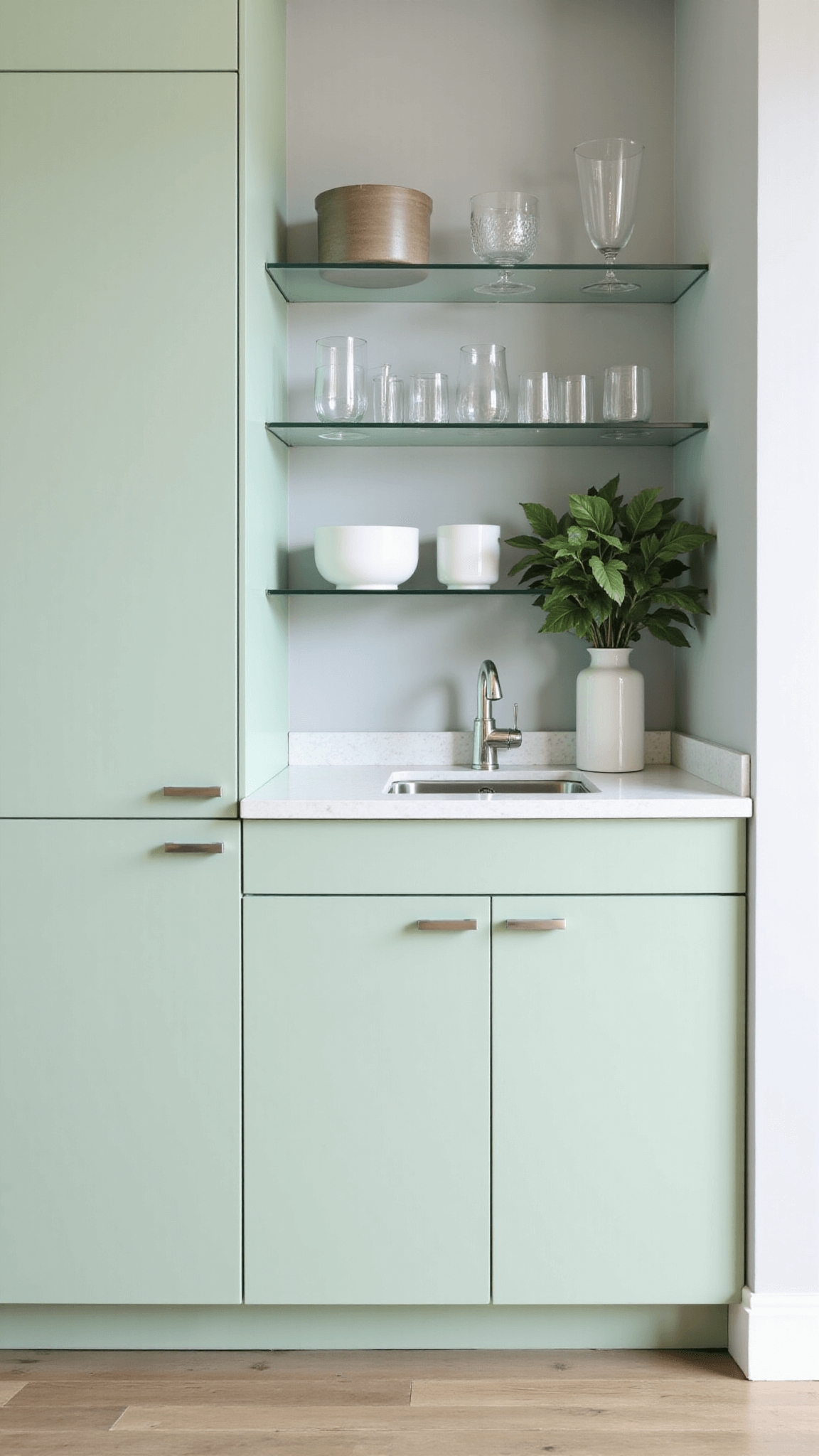Modern 7x9ft kitchenette bathed in midday light, featuring floor-to-ceiling pale sage cabinets with integrated handles, a compact white quartz workspace with undermount sink, floating clear glass shelves holding minimalist glassware, styled with sculptural ceramics and subtle greenery.