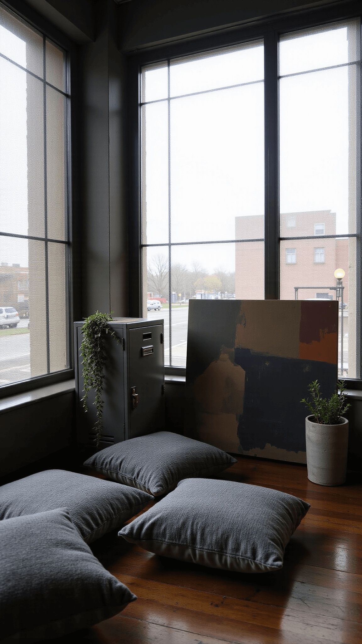 'Urban meditation corner featuring floor-to-ceiling windows with industrial mesh curtains, floor cushions, metal gym locker storage, abstract street art, vintage gymnasium light floor lamps, and a concrete planter with vines, in morning light.'
