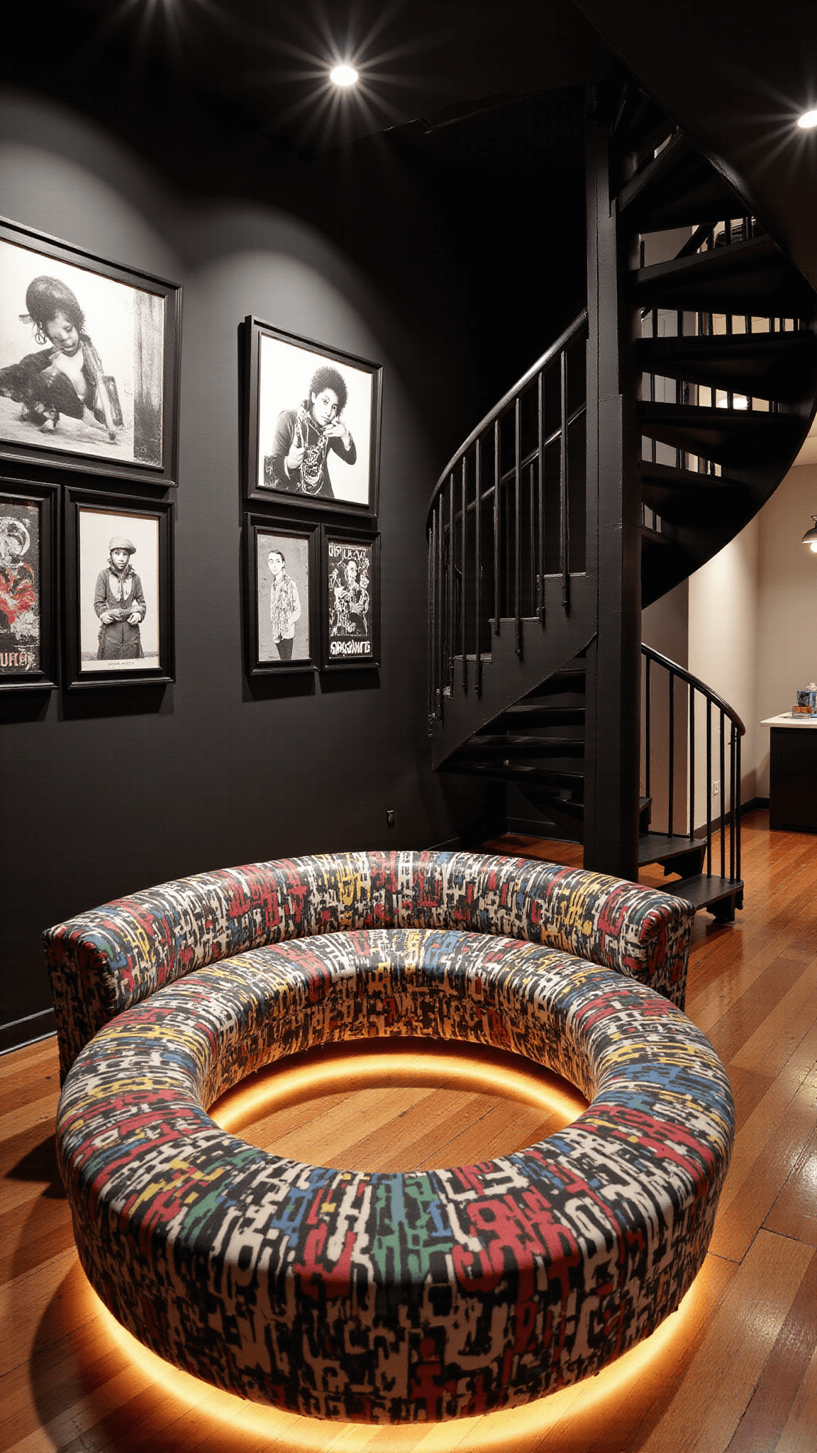 Bird's eye view of a spacious open-concept living area at twilight with tall ceilings, a circular conversation pit with graffiti-style upholstery, spiral staircase with LED underlighting, and a gallery wall filled with monochromatic street art posters, styled in a blend of metropolitan sophistication and street culture.