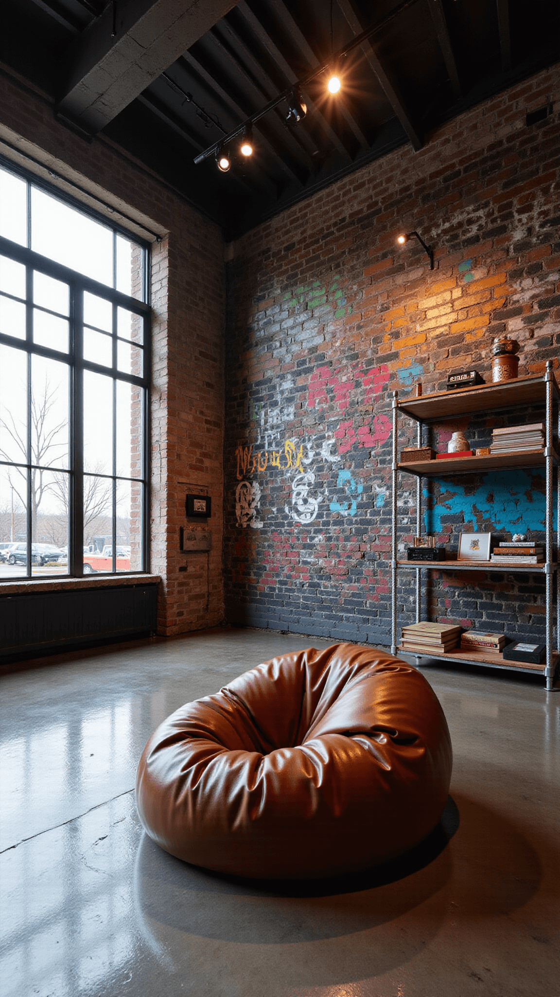 Panoramic view of a graffiti-adorned warehouse converted into a living space with an urban gallery aesthetic, featuring polished concrete floors, industrial shelving displaying a photography collection, and casual seating with oversized leather bean bags lit by chrome floor lamps, all highlighted by dramatic backlight streaming through steel-framed windows.