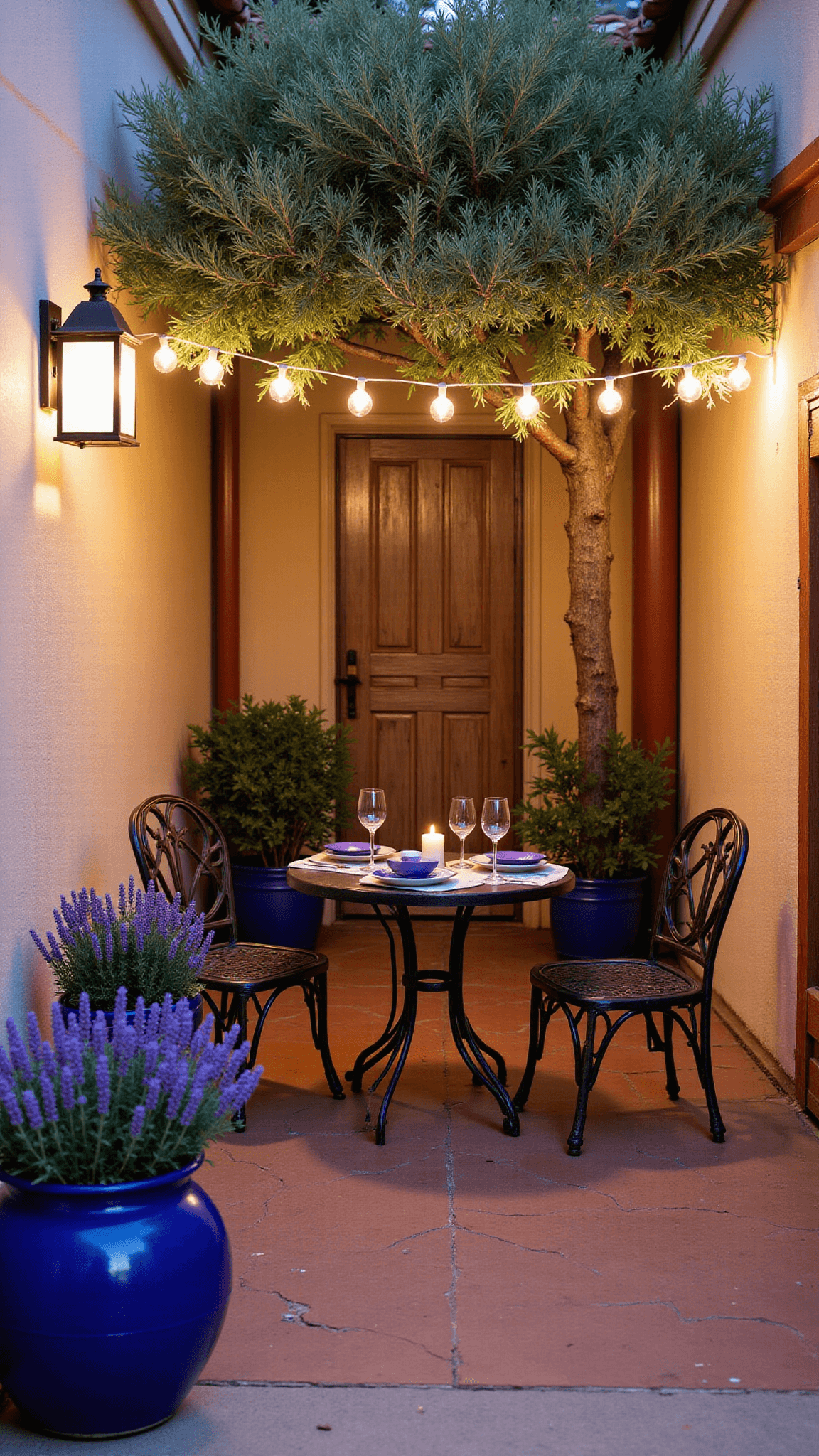 Mediterranean courtyard at dusk with terracotta tiles, bistro set under olive tree, string lights, cobalt pots of lavender and rosemary, and a weathered wooden door backdrop.