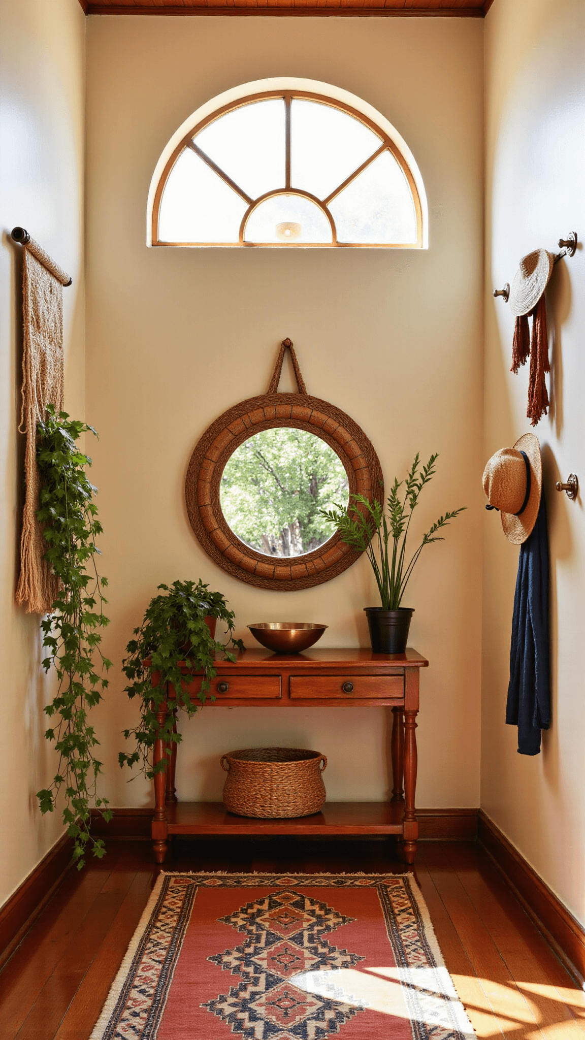 Sunlit entryway with high ceilings, vintage stained glass window, distressed terracotta console table, rattan mirror, potted plants, vintage Turkish runner, macrame wall hanging and brass hooks with hanging hats and scarves.