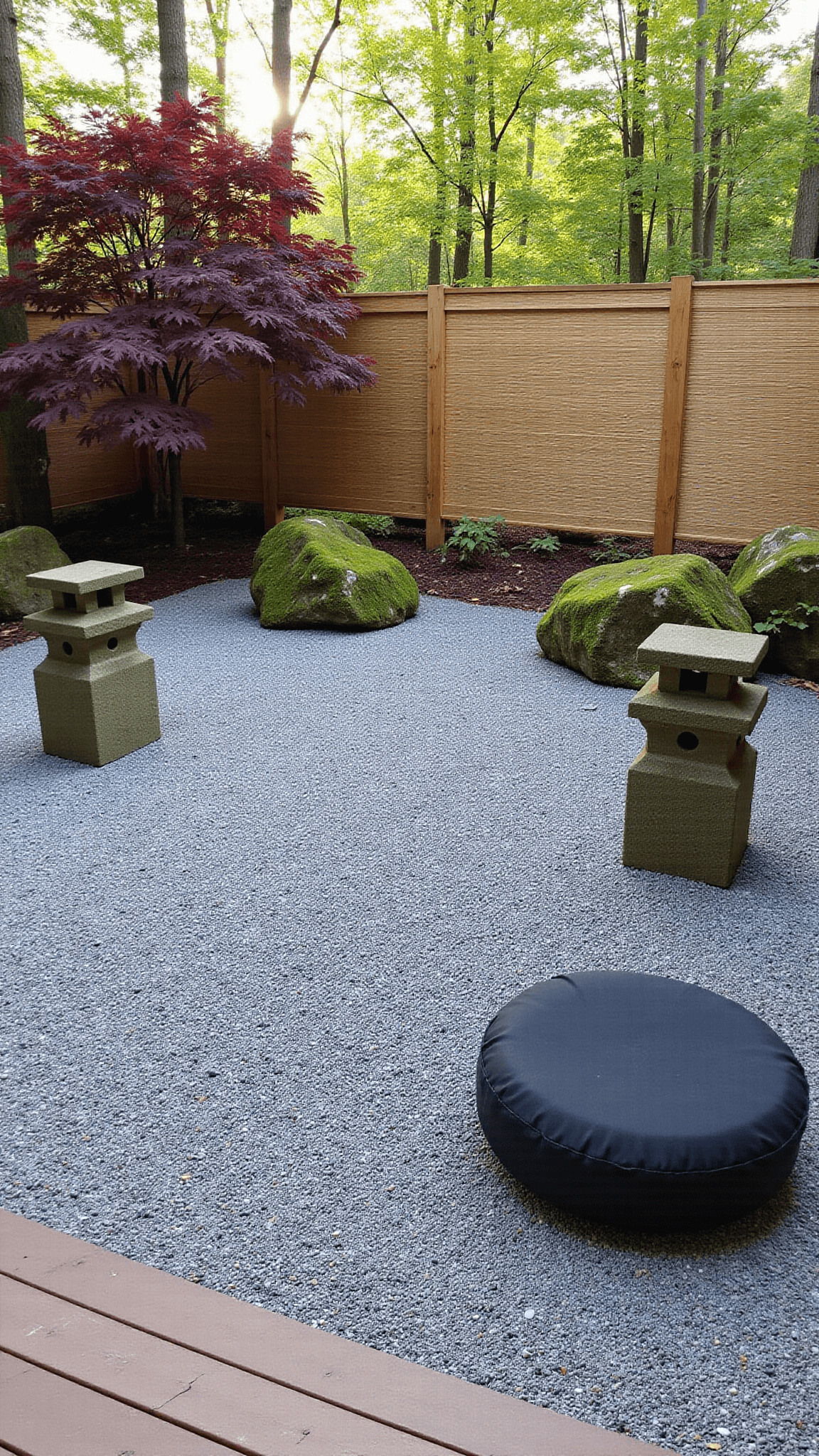 Zen garden courtyard with raked gravel, granite boulders, mossy stone lanterns, and a black meditation cushion on a wooden deck, viewed from above in soft morning light.