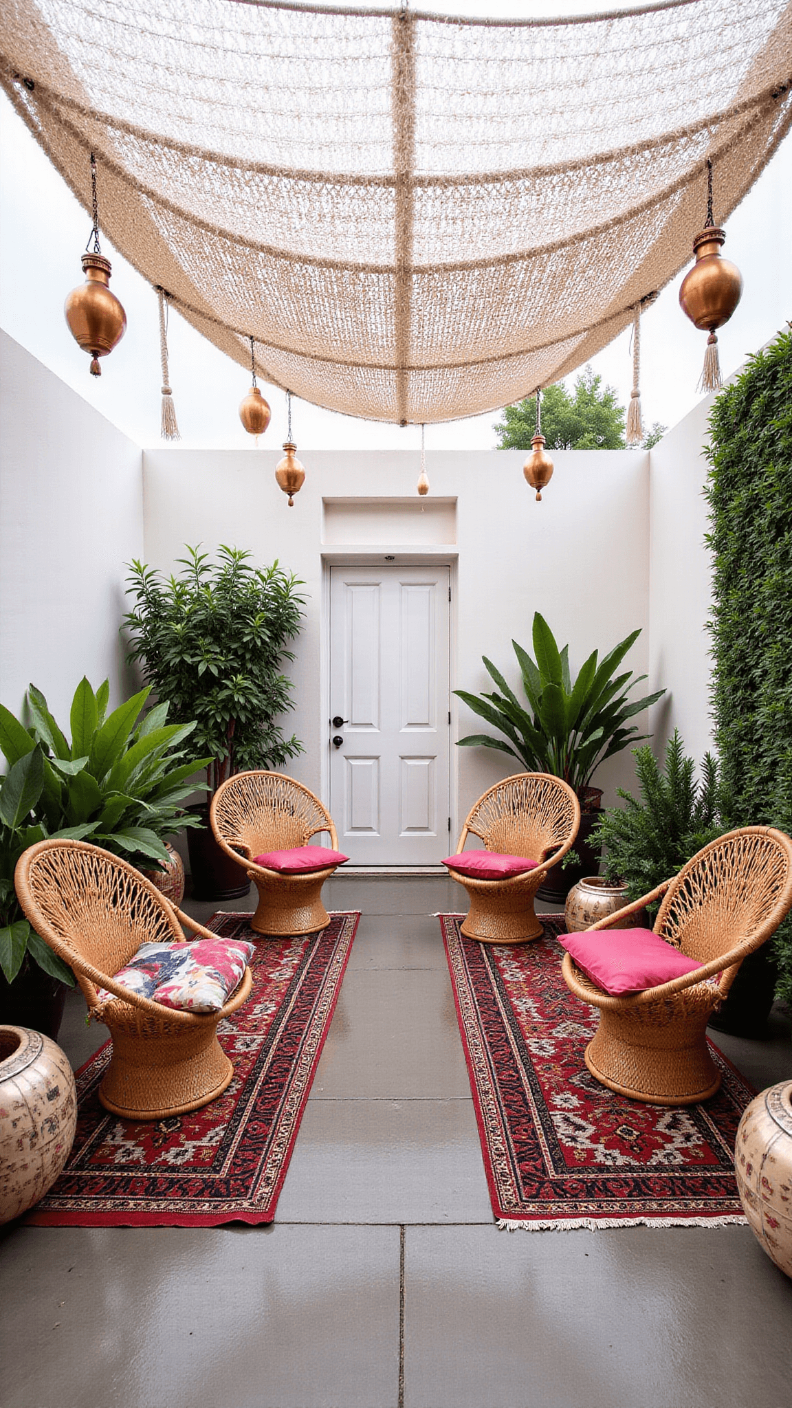 Bohemian courtyard at sunrise with misty light, Moroccan rugs, rattan chairs, floor cushions, copper lanterns, hanging plants, and jewel-toned textiles.