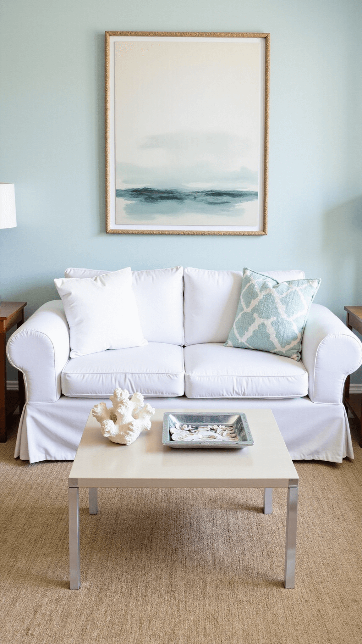 Aerial view of a bright, coastal open concept living area with white sofa, lucite coffee table, a large mirror with rope detail and subtle blue-textured wallpaper, highlighted with beach-themed decorations and abstract watercolor art.