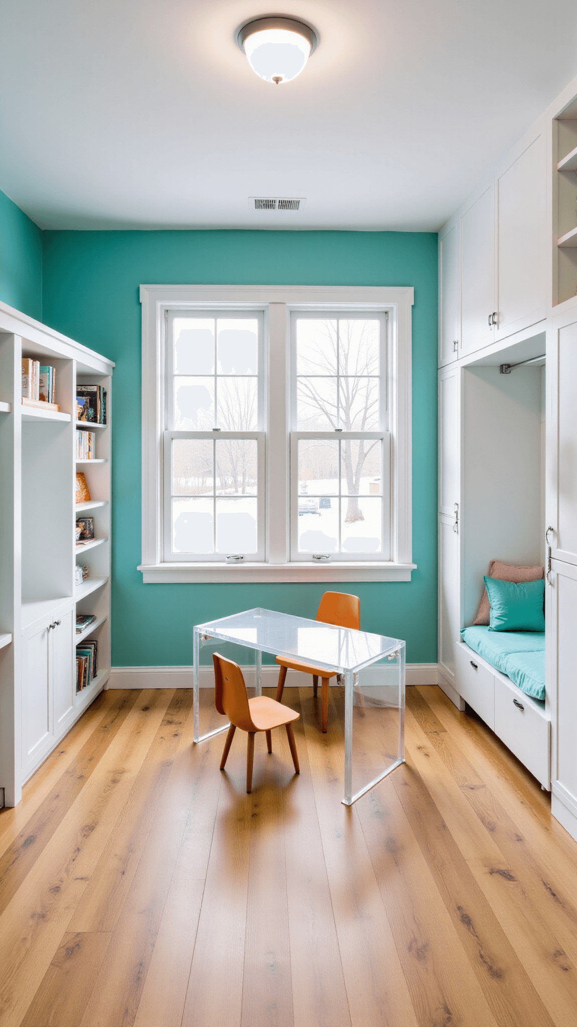 Bright and spacious children's playroom with white storage cubbies, teal accent wall, reading nook with window seat, art station, and light oak vinyl flooring.