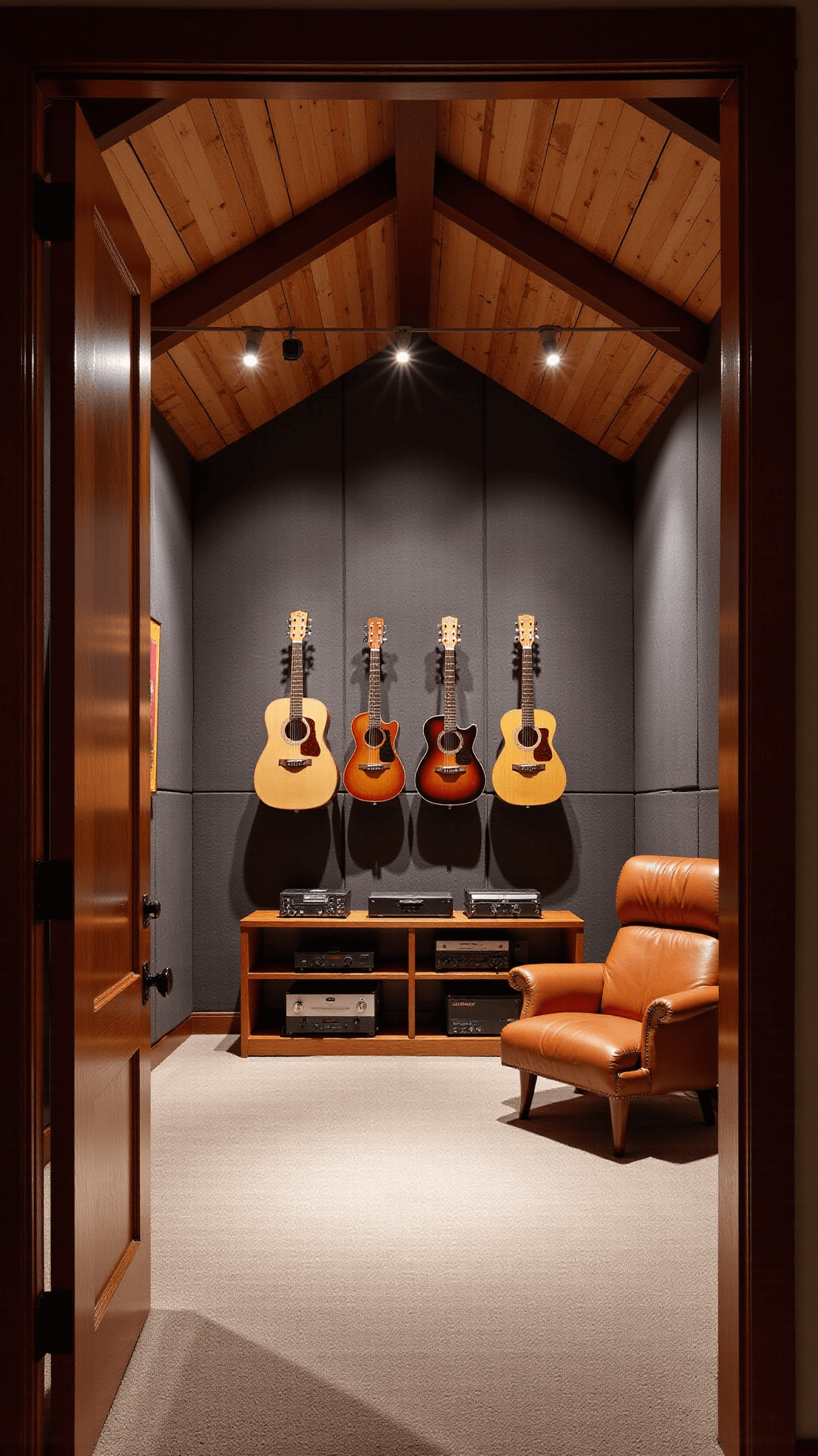 Professional music studio with cathedral ceiling, acoustic panels, vintage guitar collection on wood wall, mid-century leather chair and pro audio equipment, illuminated with dramatic uplighting.