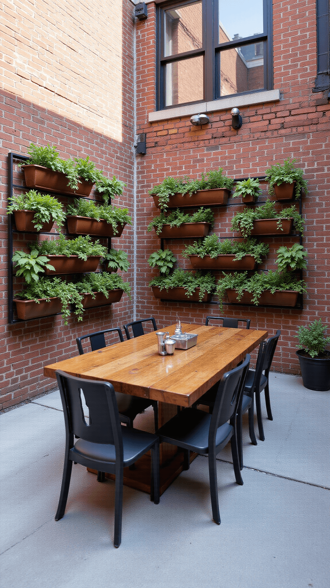 Compact urban courtyard with vertical garden, reclaimed wood dining table, and industrial decor in rust, copper, and deep green tones.