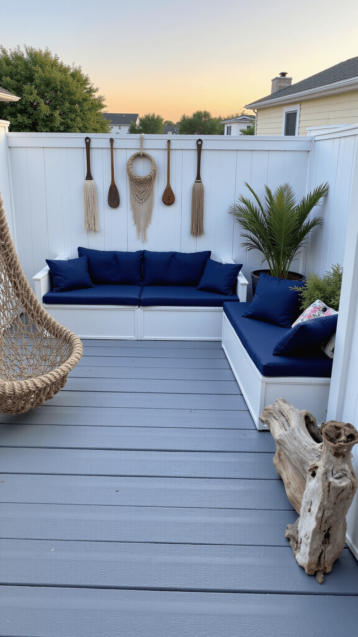 Coastal courtyard at sunset with grey decking, navy bench cushions, white privacy fence adorned with vintage oars and nets, rope hammock, and seagrass decor in blue and sandy tones.