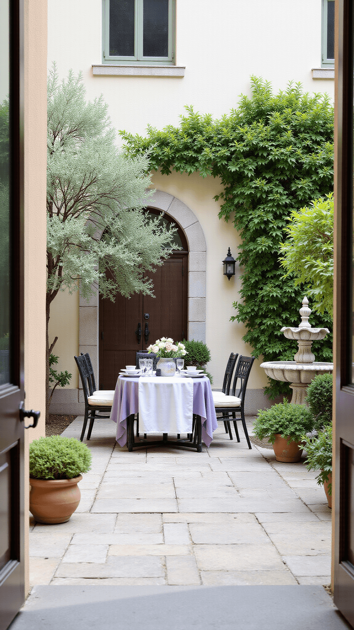 French country courtyard with limestone pavers, lavender, boxwood, antique iron table set with vintage linens and pottery, aged fountain, and climbing roses on trellis in morning light.