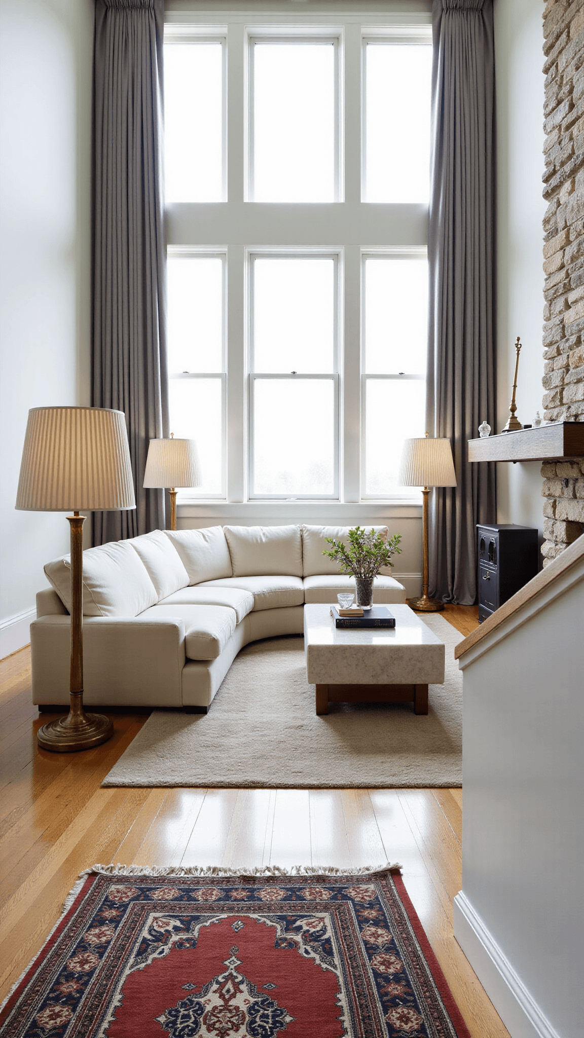 Sunlit great room with large windows, cream sofa, stone fireplace, brass floor lamps, alabaster coffee table decorated with art books and crystal items, silk drapery panels, and vintage Persian rug leading to a cozy conversation area, shot from stairs.
