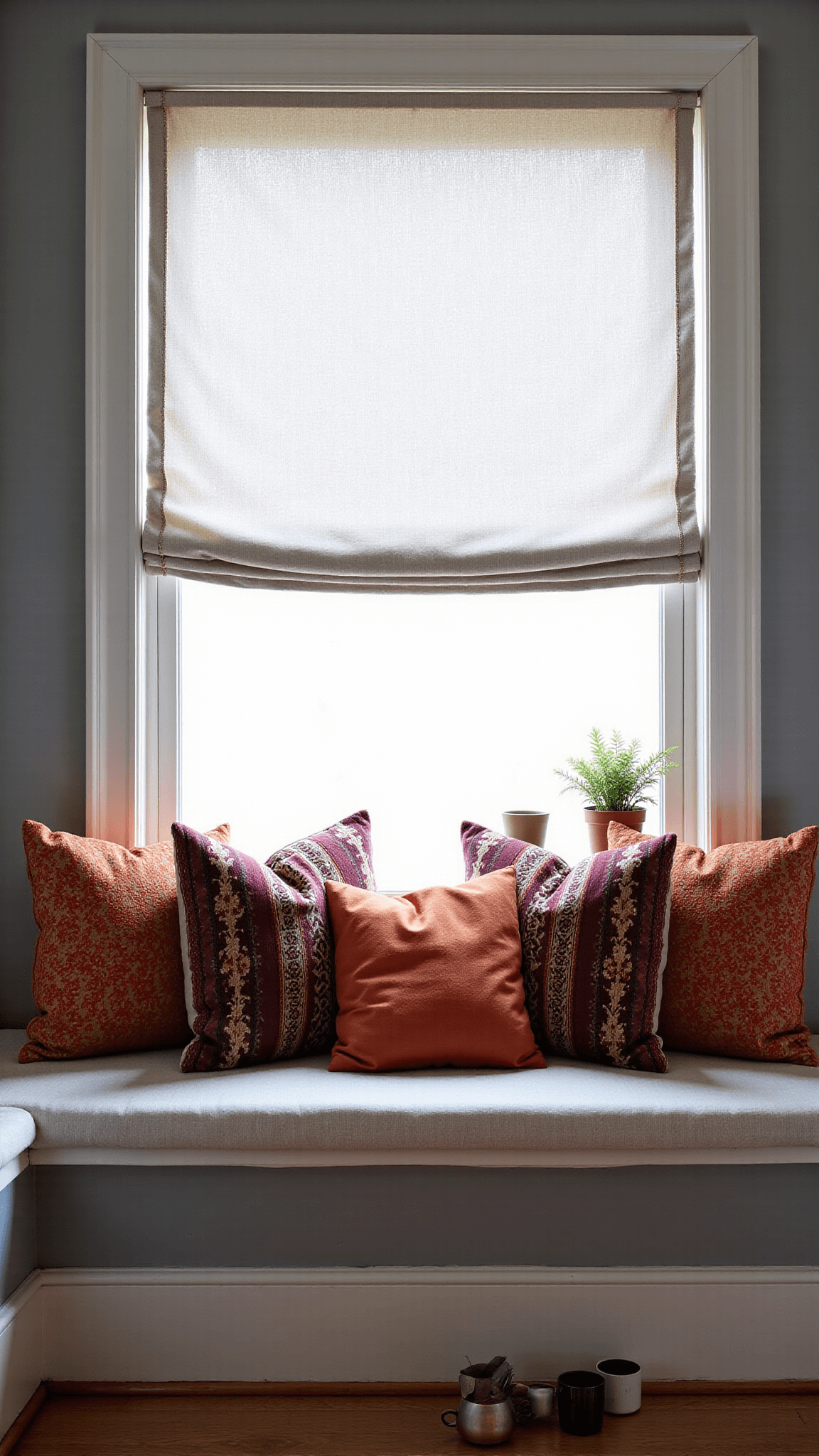 Cozy kitchen window seat bathed in afternoon light, with gray linen curtains, embroidered suzani fabric, vintage kilim pillows, ceramic mugs, and potted herbs on the windowsill