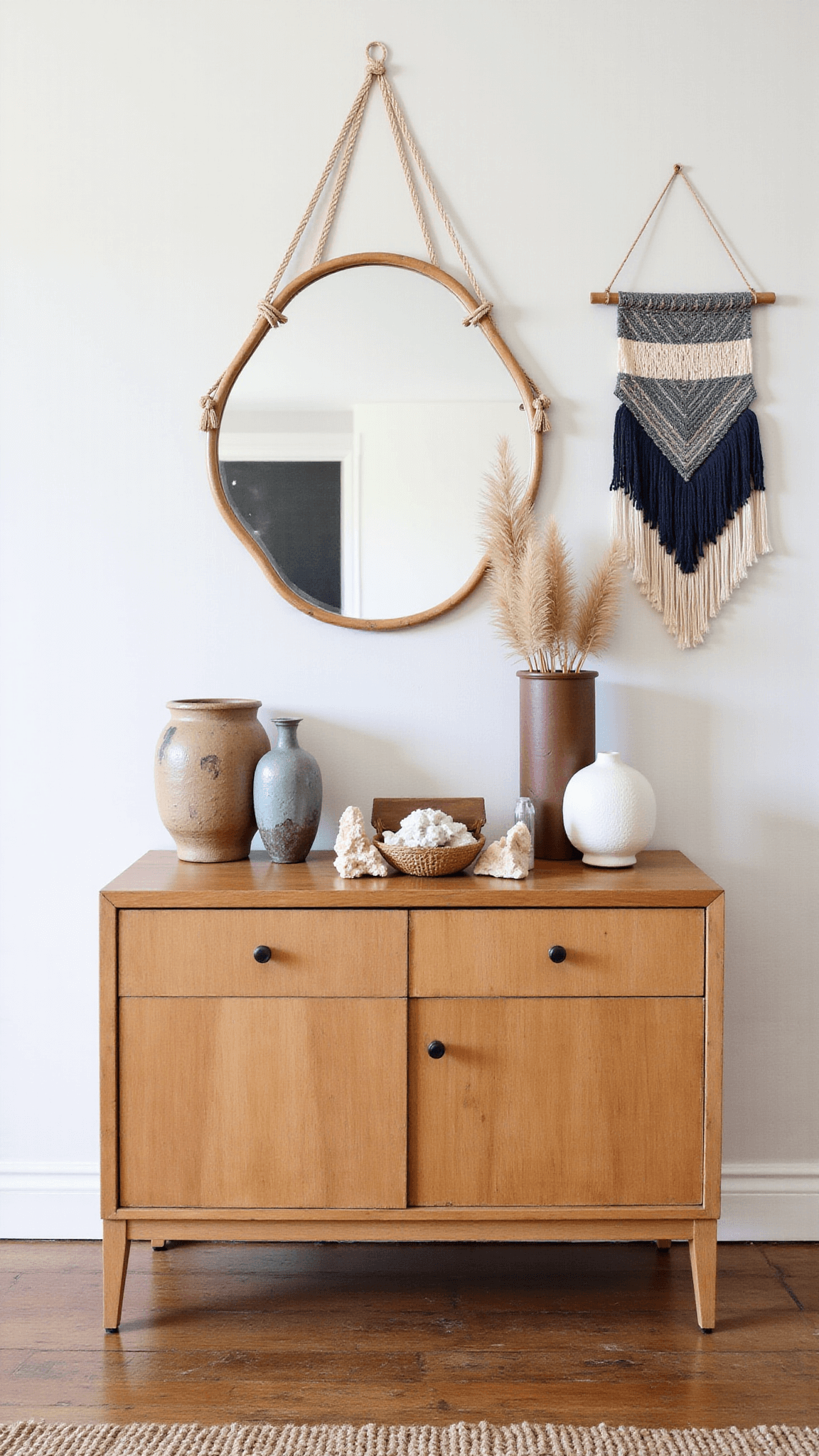 Vintage console and oversized circular mirror with macramé detail in a morning-lit entryway with a statement wall, handwoven wall hanging, antique glass objects, ceramic vessels, and vintage tile flooring.