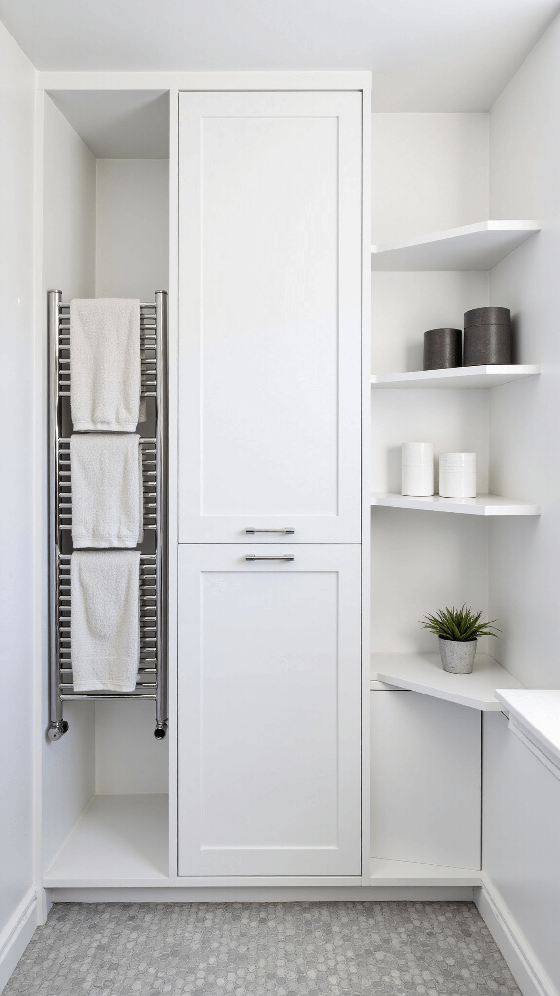 Bird's eye view of a small white bathroom with vertical storage solutions, floating shelves, and a chrome ladder towel rack, highlighted by morning light and cool, diffused lighting
