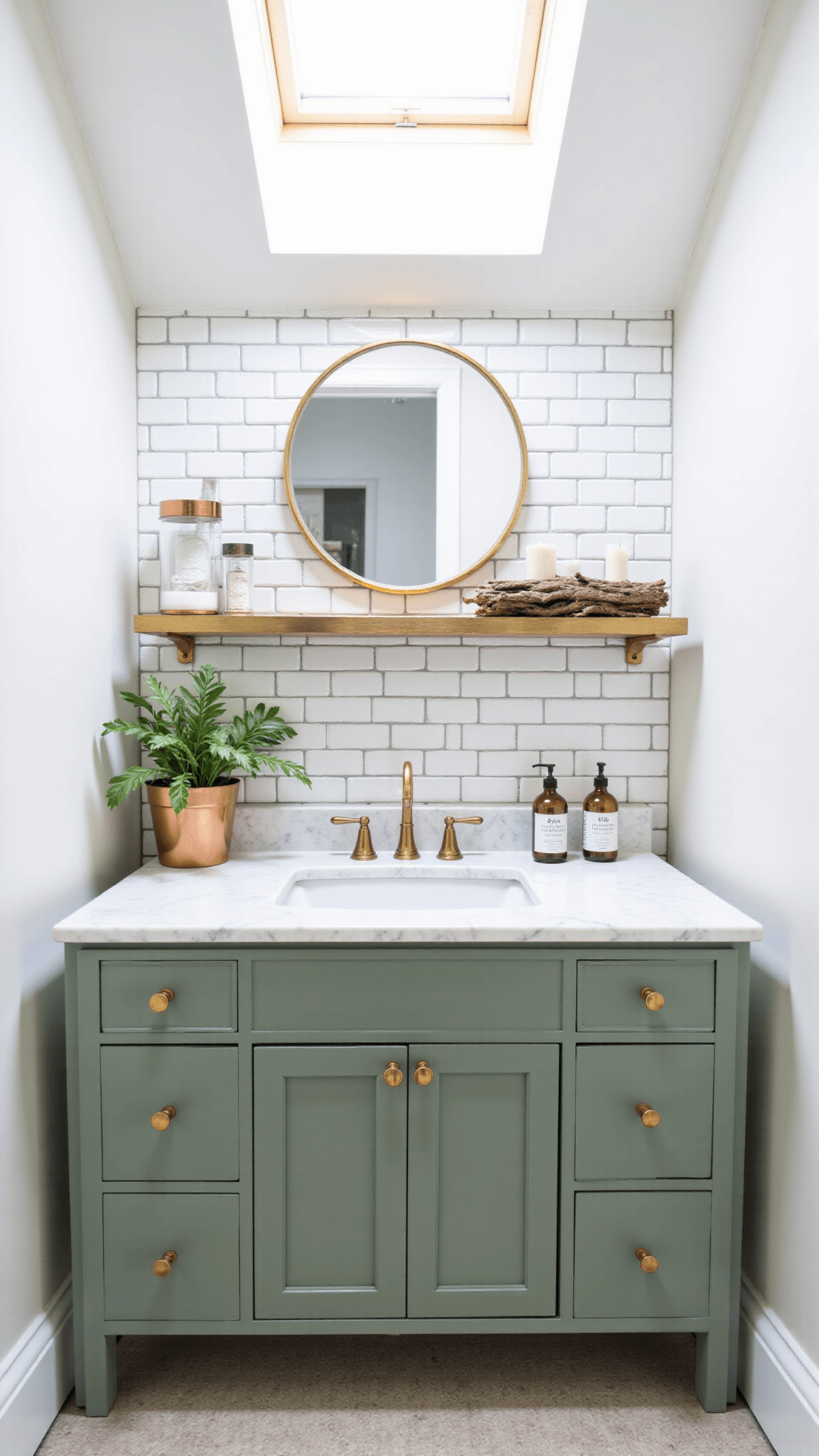 Small luxury bathroom styled with sage green vanity, brass accents, white subway tiles, and eucalyptus bundle, illuminated by mid-morning skylight.