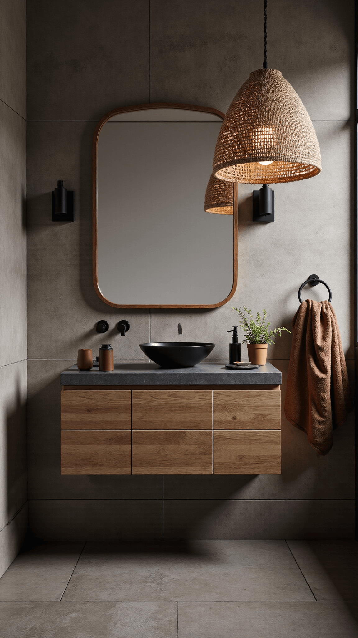 Evening bathroom scene featuring bamboo vanity, concrete tiles, handmade ceramic accessories, greige textiles, black matte fixtures, dramatic woven pendant light and textured wallpaper.