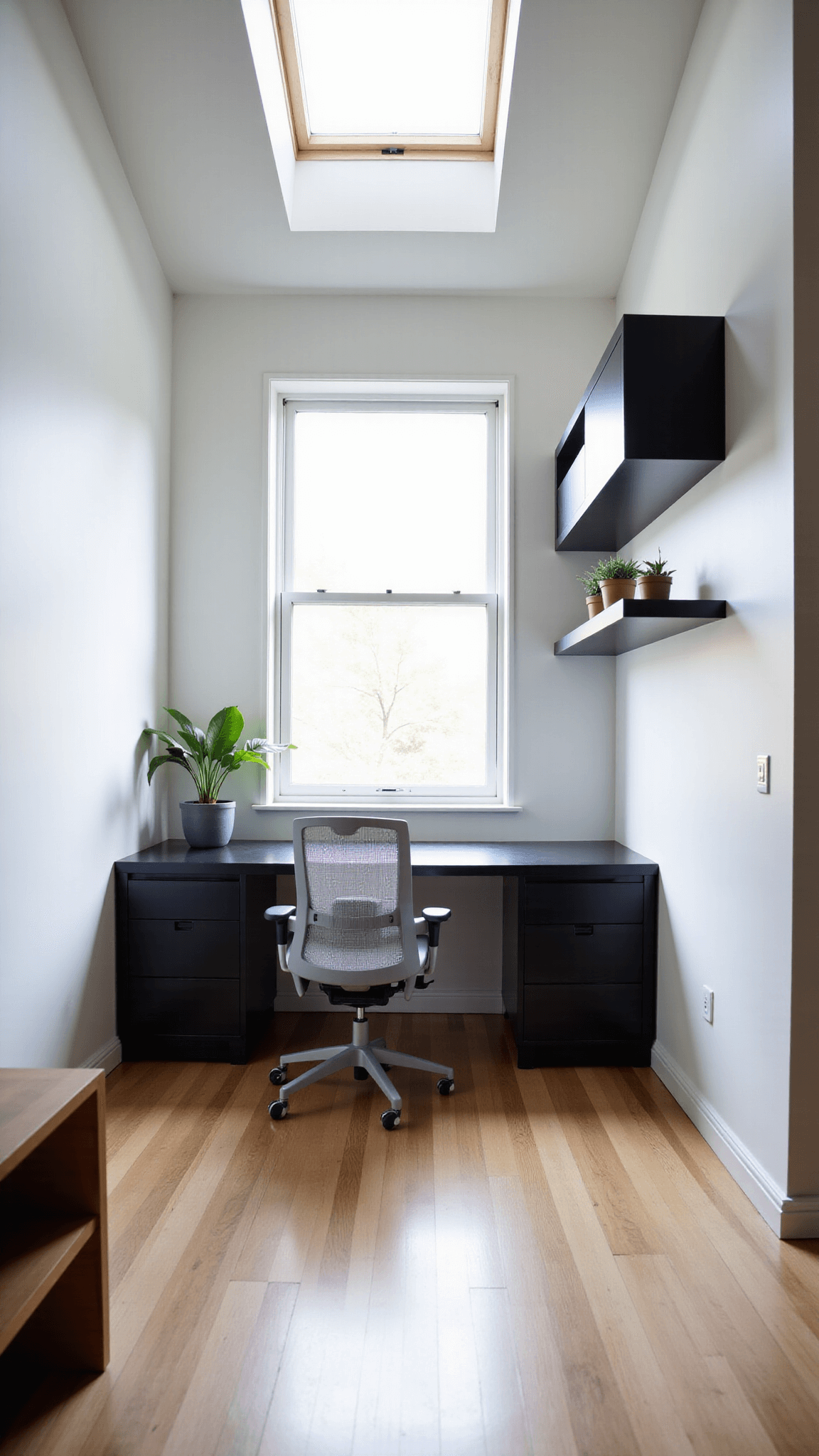 Minimalist attic workspace with stark white walls, custom black desk, ergonomic light grey chair, potted monstera plant, and concealed LED strips highlighting ceiling height, illuminated by natural light from a skylight.