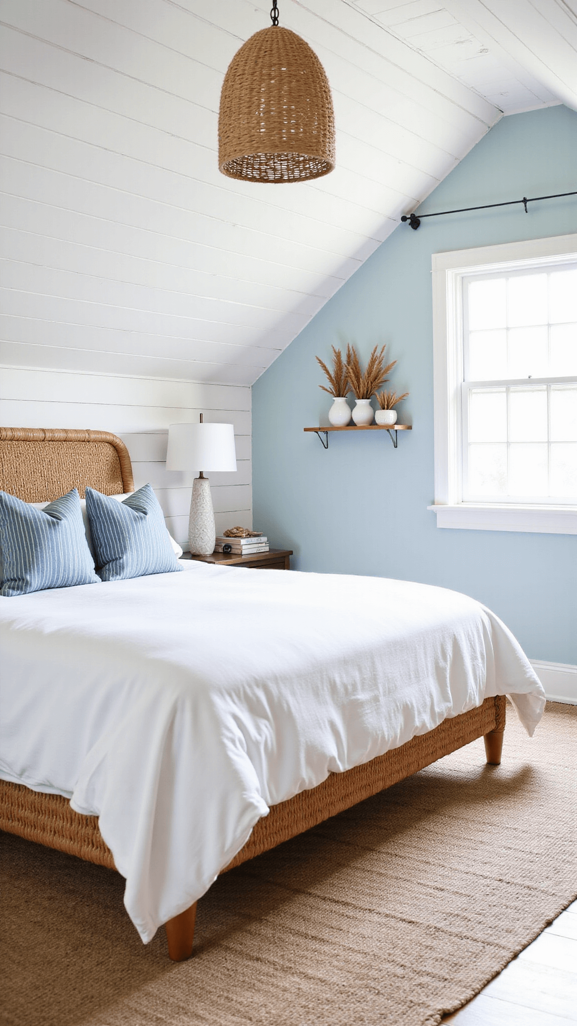 Coastal-inspired attic bedroom with shiplap walls, rattan bed frame, layers of jute rug on whitewashed floors, rope pendant light, and beach grass in ceramic vessels, illuminated by morning light through a large window.