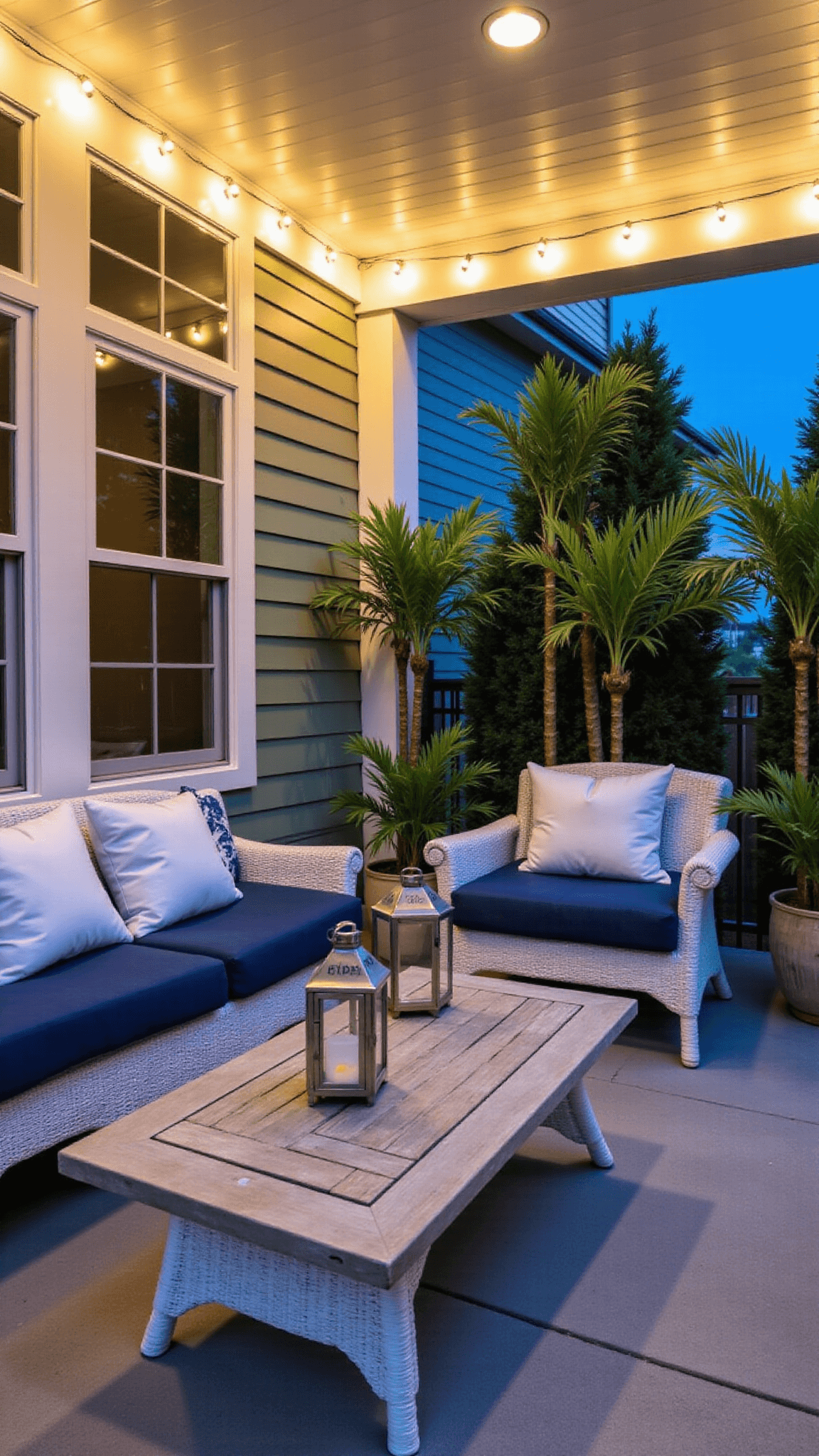 Covered 16x20ft porch at dusk, lit with string lights showcasing white wicker seating with coastal blue cushions, a weathered teak coffee table with lanterns, surrounded by potted palms for privacy. Vintage oars decorate the wall and mixed lighting enhances the indoor/outdoor flow. Colors featured are navy, white, teak, and sage green.