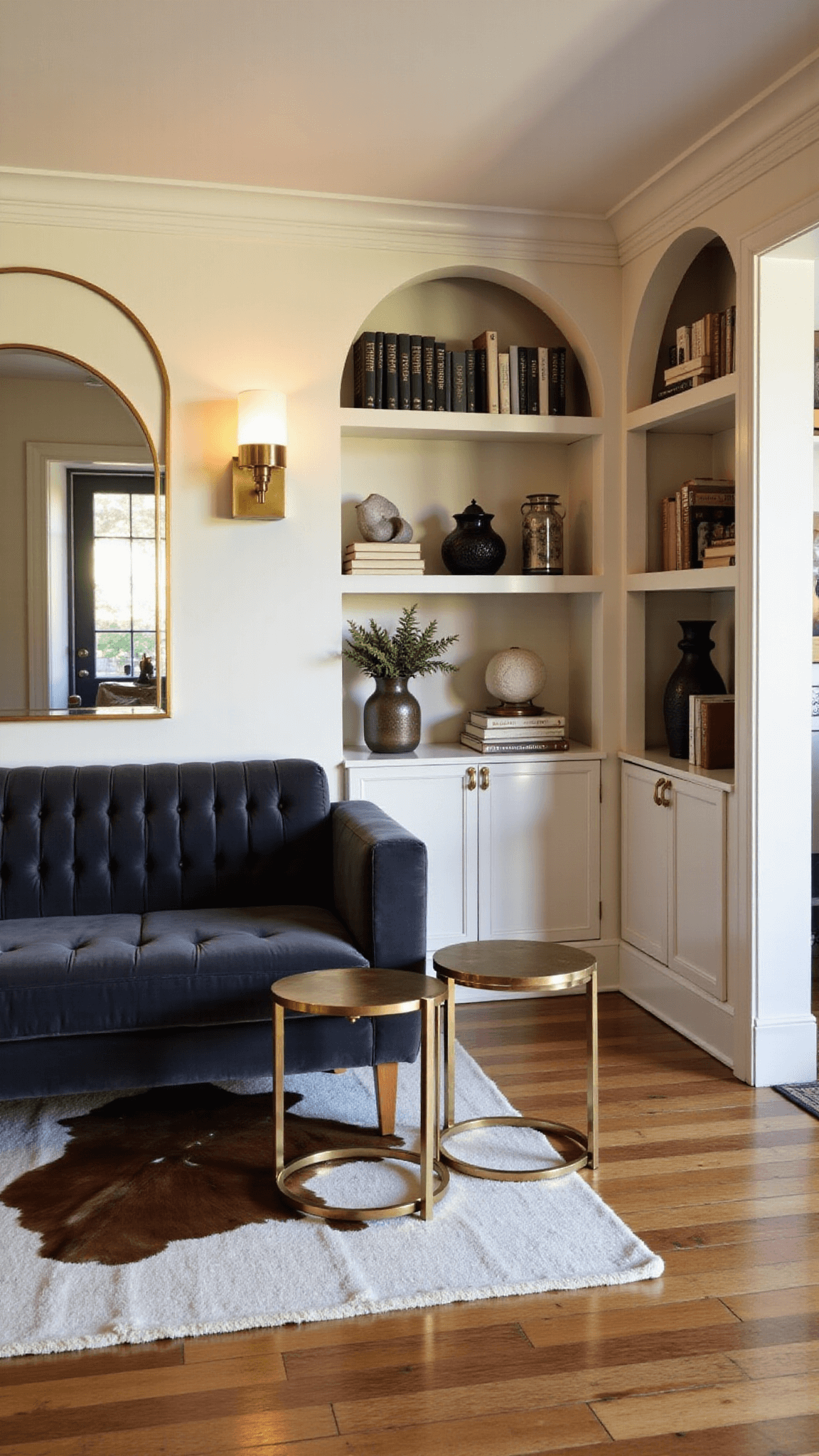 Elegant 12x18ft sitting room at dusk featuring a charcoal velvet sofa, vintage brass tables, oversized arched mirror, ivory wool carpet with cowhide, and styled bookshelves, seen from a doorway at golden hour.