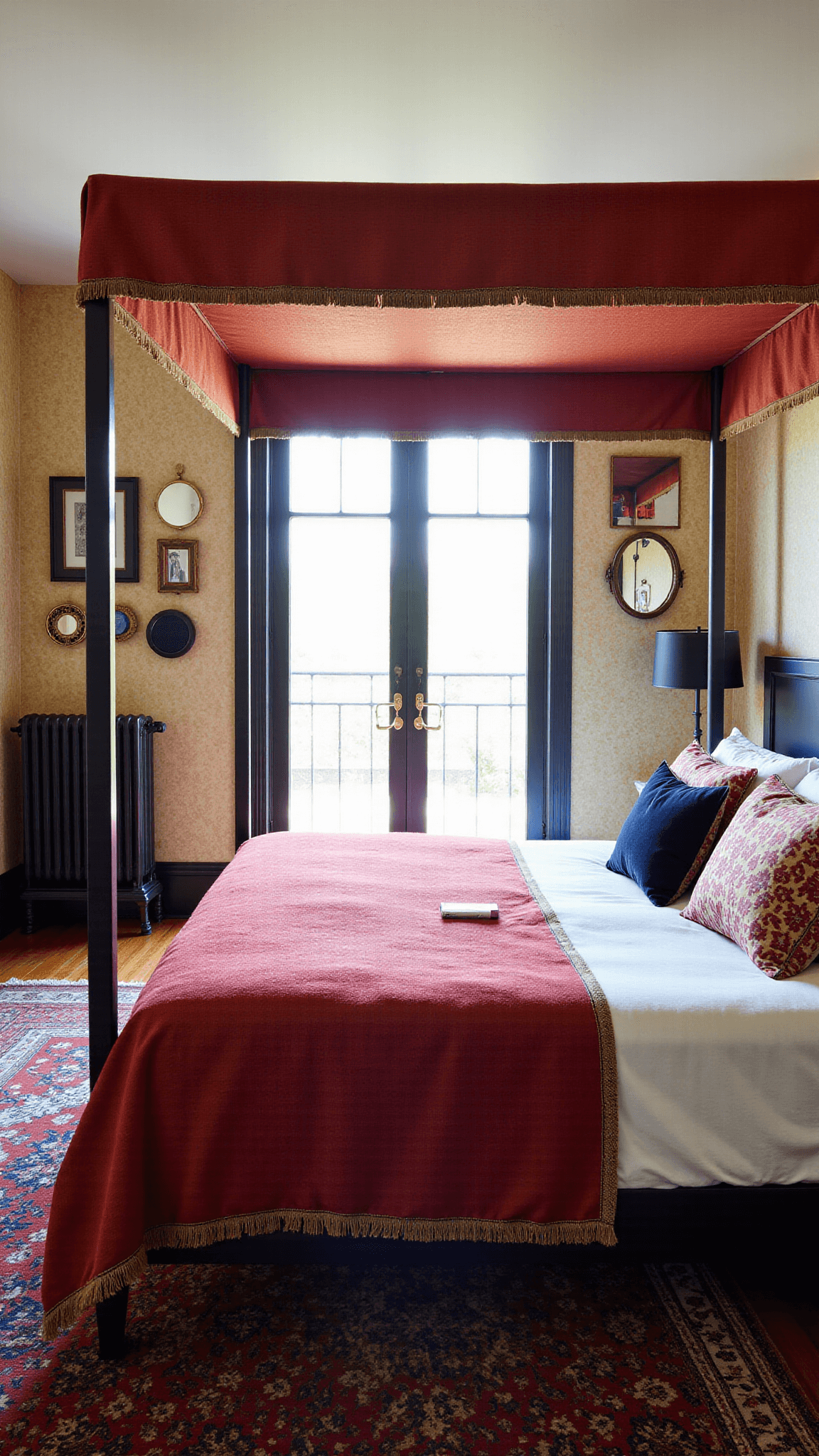 Vintage styled bedroom with canopy bed draped in jewel-toned sari fabrics, layered Turkish and Persian rugs, walls adorned with a collection of mirrors and textured wallpaper, decorated with Indian block print textiles and velvet pillows, bathed in morning light filtering through French doors.