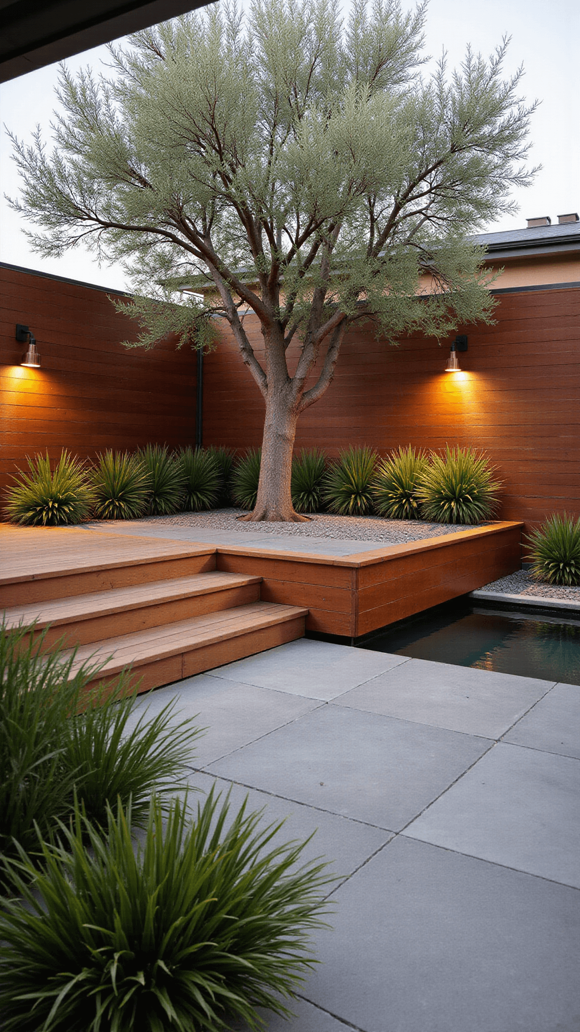 Tranquil modern courtyard at golden hour with wooden deck, olive tree, limestone pavers, ornamental grasses, and copper lanterns in warm earth tones.
