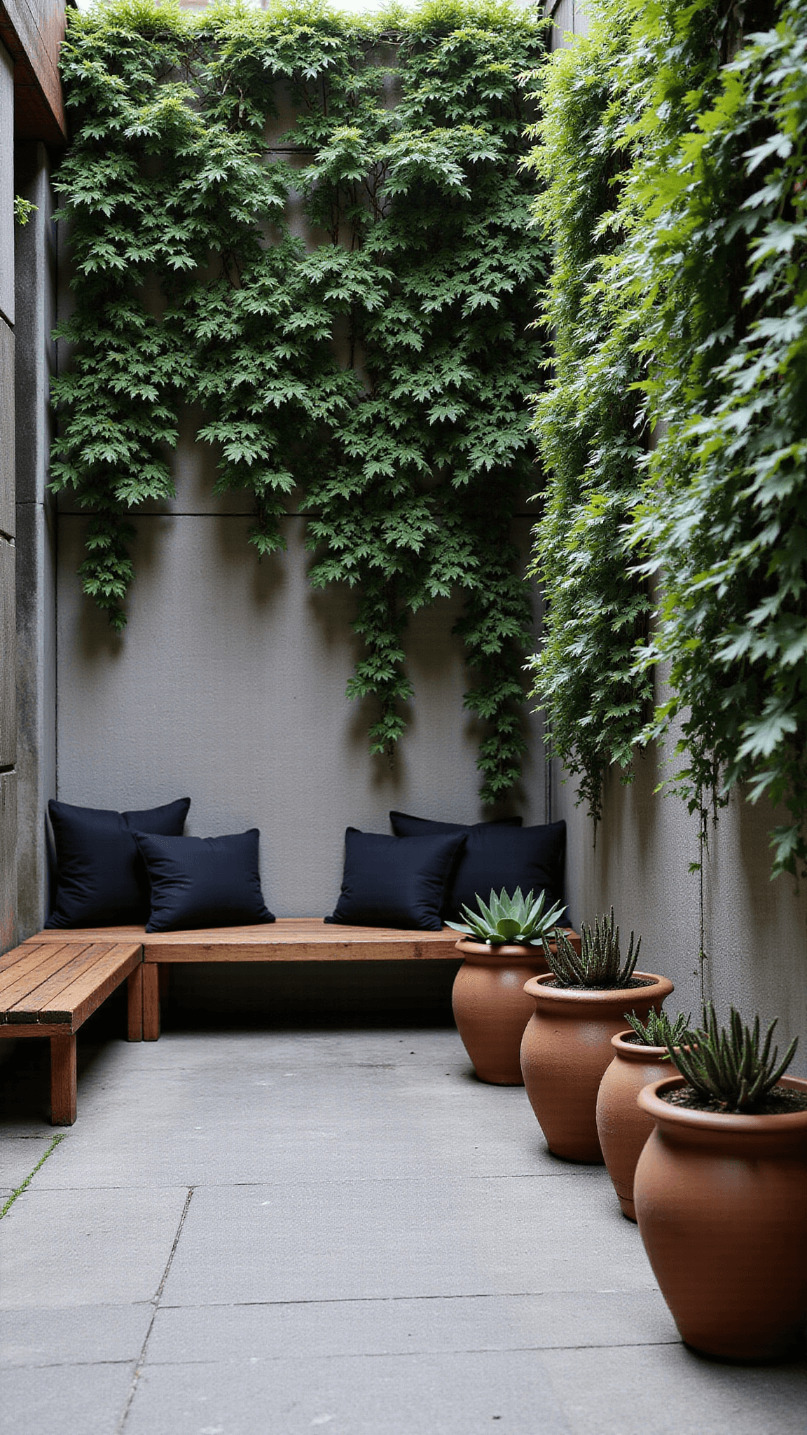 Lush 40sqm courtyard with vertical garden walls, timber bench seating, terracotta pots, and soft morning light highlighting green and earthy textures.