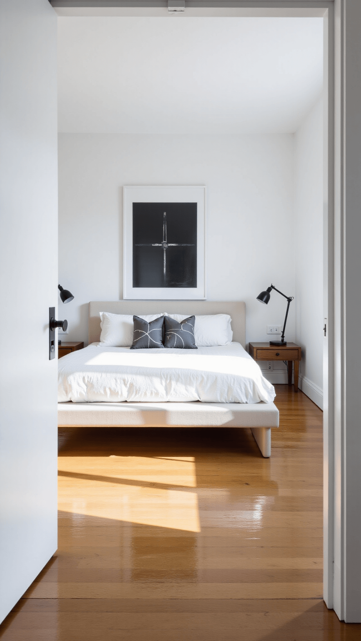 Minimalist urban bedroom with white walls, light oak floor, black metal lamp, and floating nightstands, illuminated by golden hour sunlight through large windows