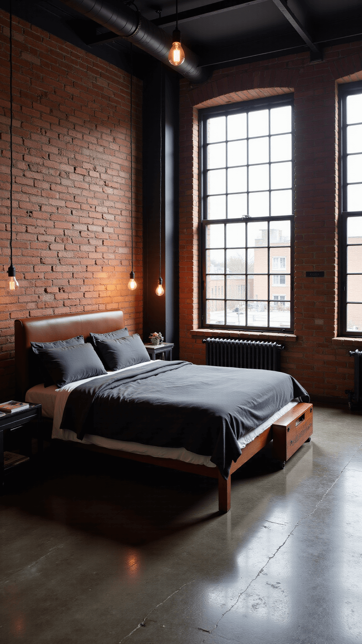 Industrial loft bedroom with exposed brick walls, steel beam ceiling, factory-style windows, vintage metal cart and Edison bulb pendant lights, with a queen bed with dark gray linens and leather headboard framed by warm rust, gray, and black tones.