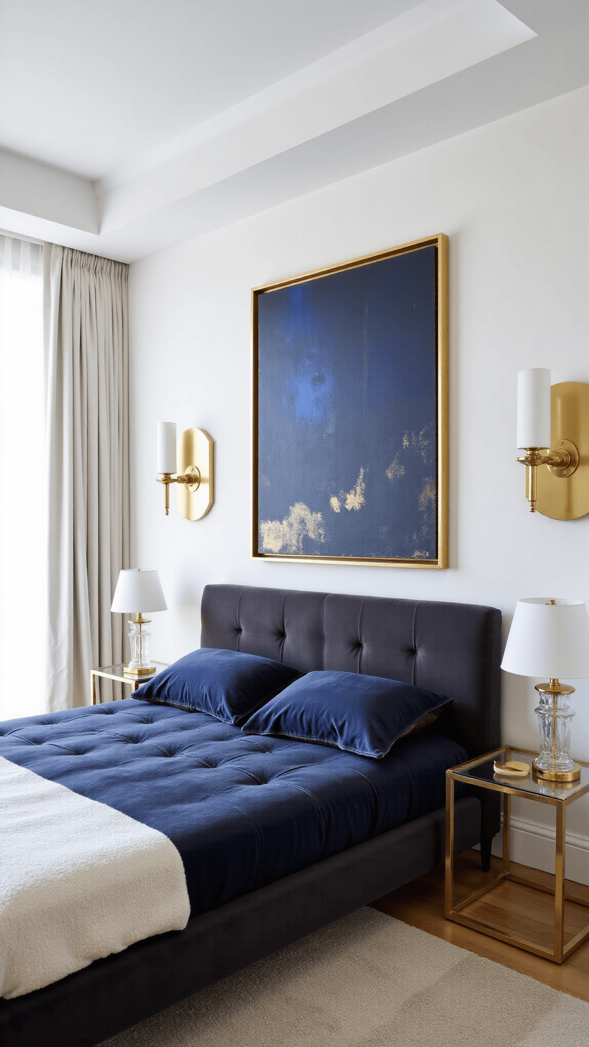 Lavish modern bedroom featuring a low-profile charcoal velvet bed with brass frame, brass sconces, lucite side tables, and large abstract art in blues and golds, all bathed in the soft glow of late afternoon sunlight through sheer white curtains.