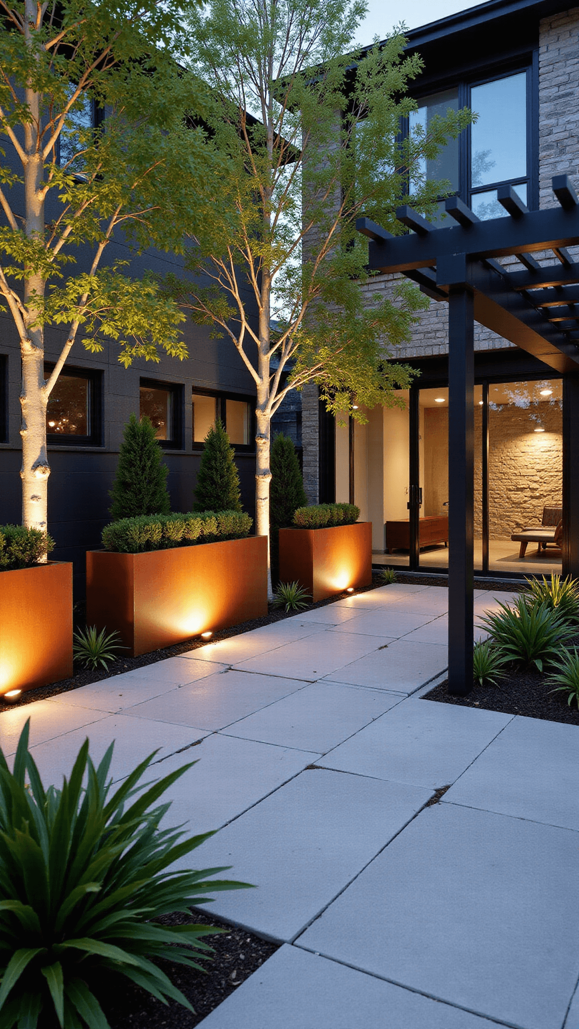 Bird’s-eye view of a contemporary 120sqm courtyard with geometric limestone paving, Silver Birch trees, Corten steel planters, suspended pergola casting shadows, and sunset lighting enhancing warm metallics, cool stone, and vibrant greenery.