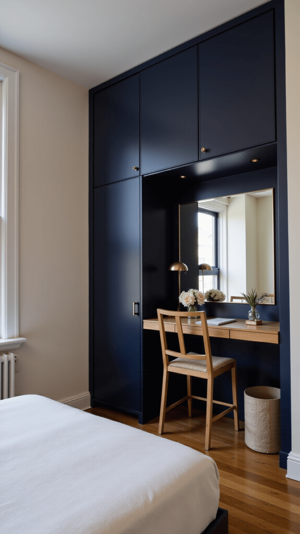 Compact urban bedroom at dusk, featuring space-saving navy Murphy bed with storage, multi-functional desk-turned-vanity, and large mirror to enhance space, in a palette of navy, brass, and cream with mixed materials