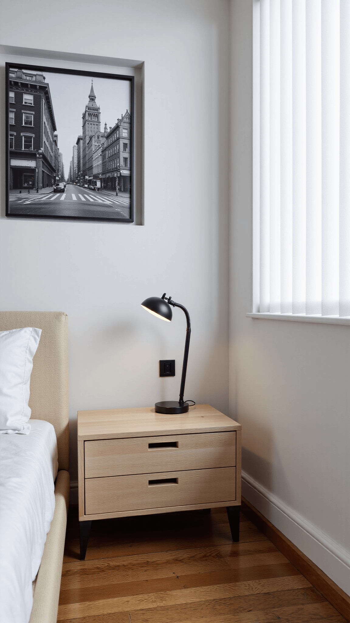 Contemporary urban bedroom featuring a bleached oak platform bed, black and white urban photography on gallery wall, and morning light streaming through vertical blinds, captured with architectural lens