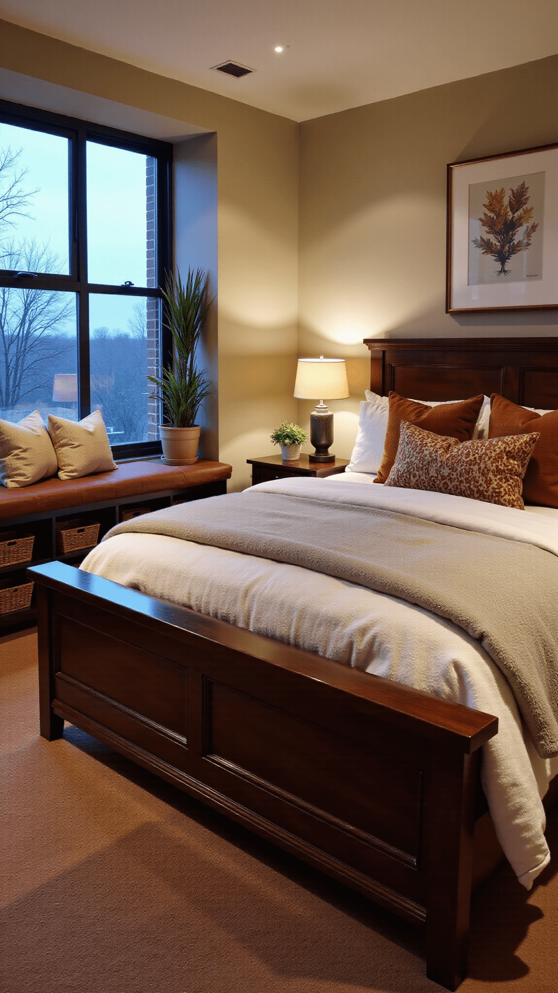 Raised view of a cozy, urban bedroom with a traditional bed modernized with seasonal-toned bedding, a window seat with storage under, and botanical elements. Room is styled with autumnal colors like deep greens, rust, and cream and features plush textiles, woven baskets, and glass decor, highlighted with adjustable track lighting.