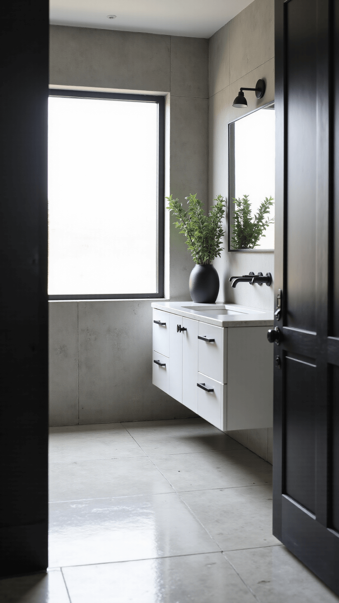Minimalist modern bathroom with light gray walls, floating white vanity, black fixtures, sage green towels, eucalyptus in a black vase, herringbone marble floor in morning sunlight.