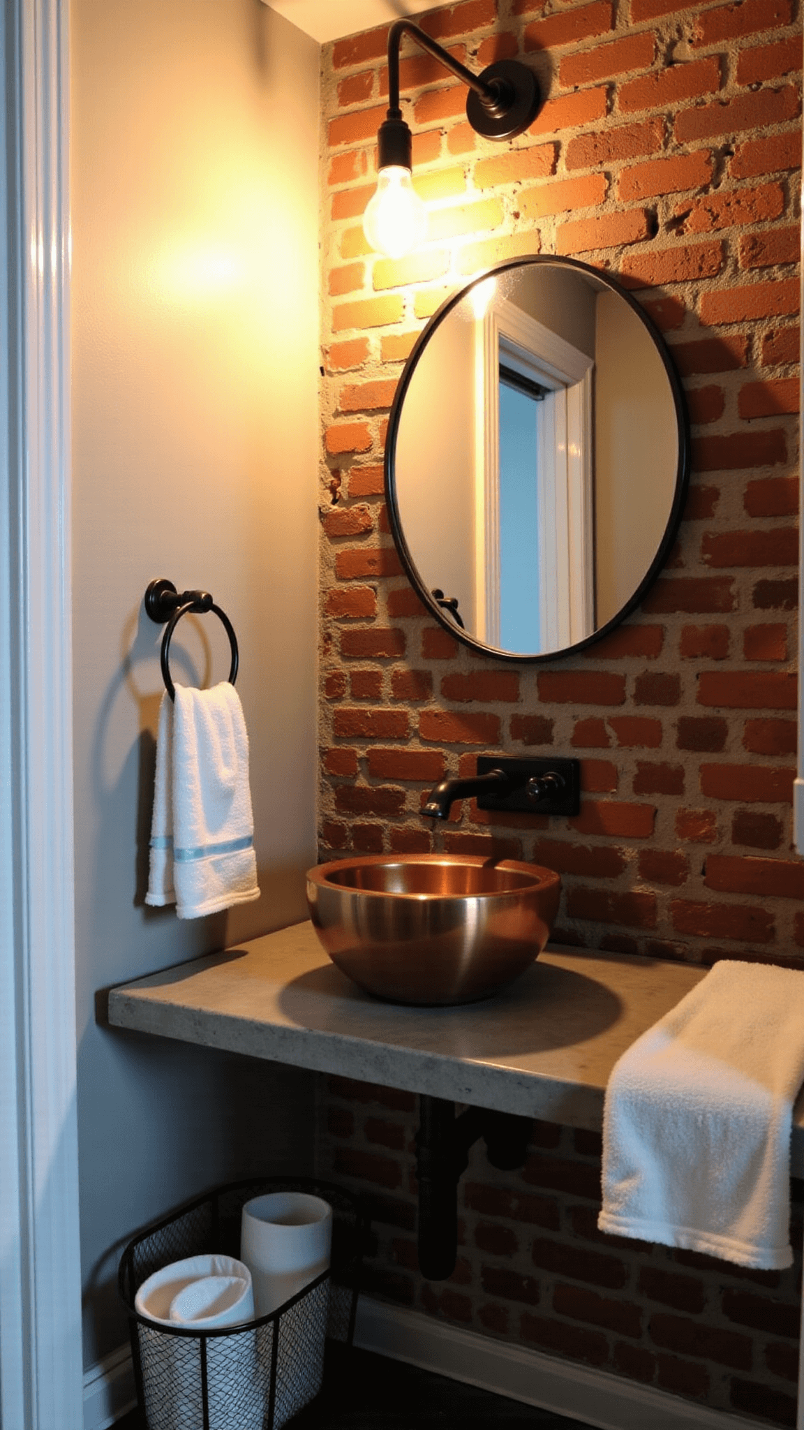 Industrial chic powder room with exposed brick wall, concrete vanity, copper sink, brass fixtures, vintage mirror, and warm Edison bulb lighting