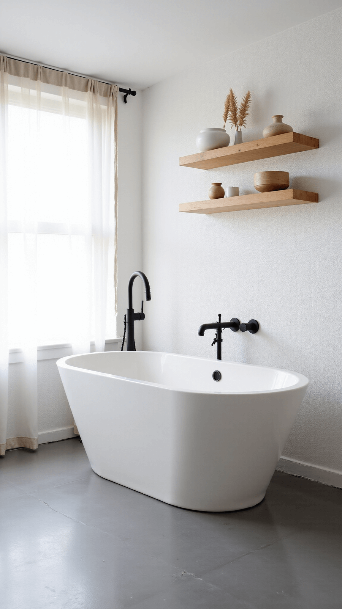 Corner-mounted Scandinavian Zen bathroom with freestanding oval tub, blonde wood shelves with minimalist pottery, large grey floor tiles, matte black fixtures, and morning sunlight filtering through sheer curtains