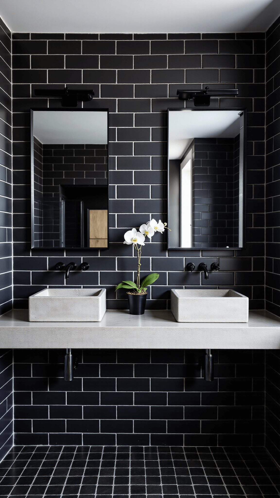 Modern bathroom with charcoal subway tiles, double vanity, concrete sinks, black accessories and a white orchid, highlighted by dramatic overhead lighting.