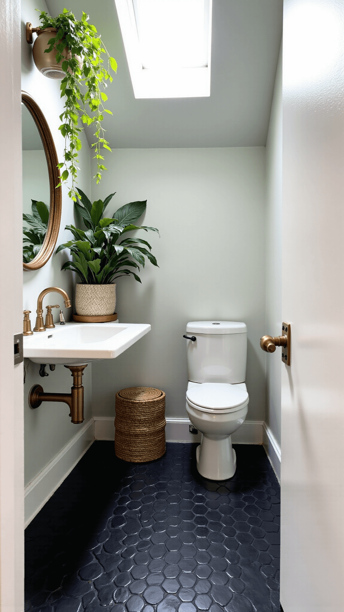 Overhead view of a compact 7x8ft bathroom transformed into an urban jungle retreat with strategic placement of plants, matte black penny tile floor, floating white vanity adorned with pothos and air plants, brass fixtures, and organic accessories like a rattan mirror and natural fiber textiles.