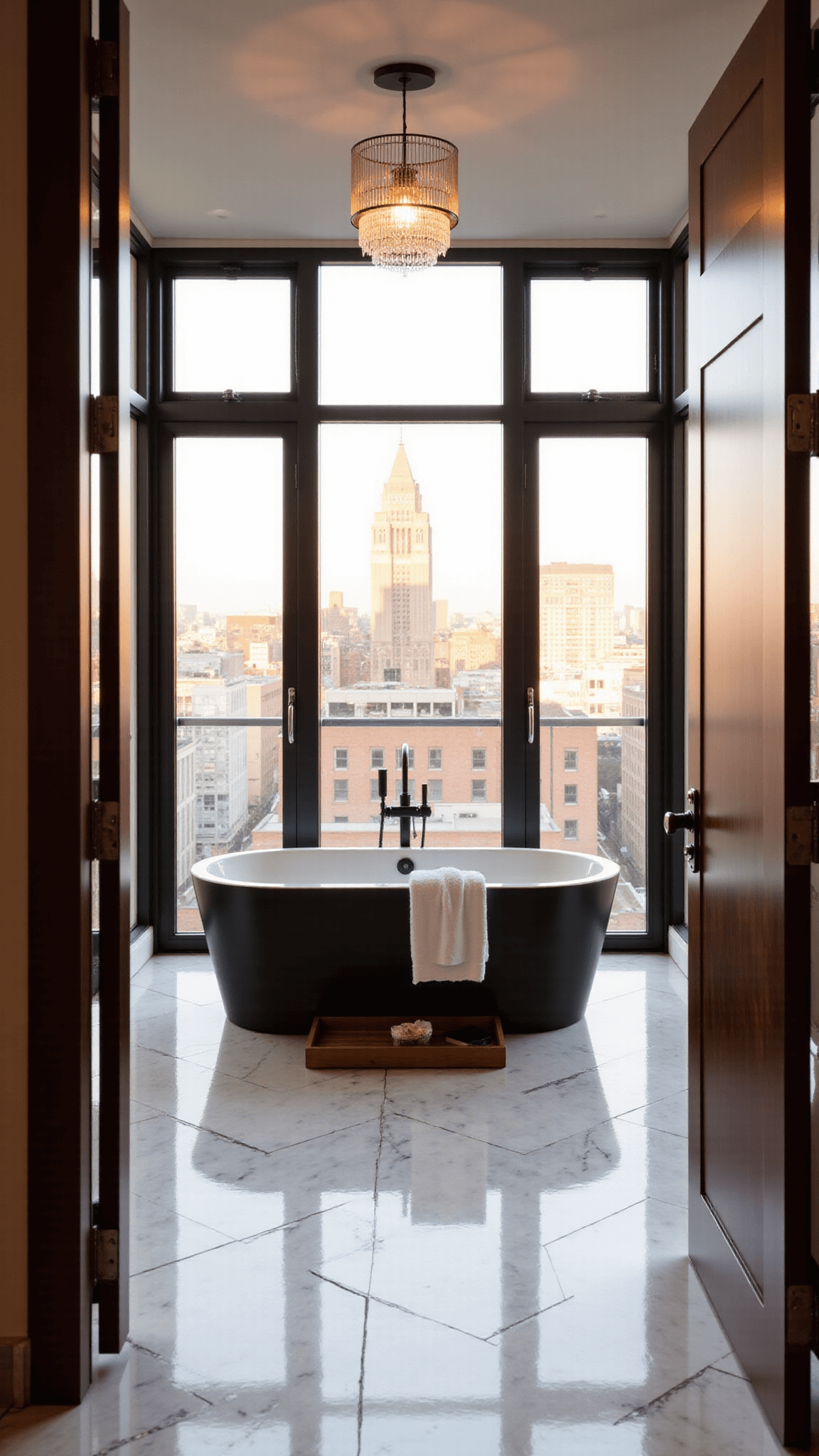 Luxe minimalist master bathroom with city views, marble herringbone floors, black soaking tub, wooden bath caddy, white towels, and modern chandelier during golden hour.