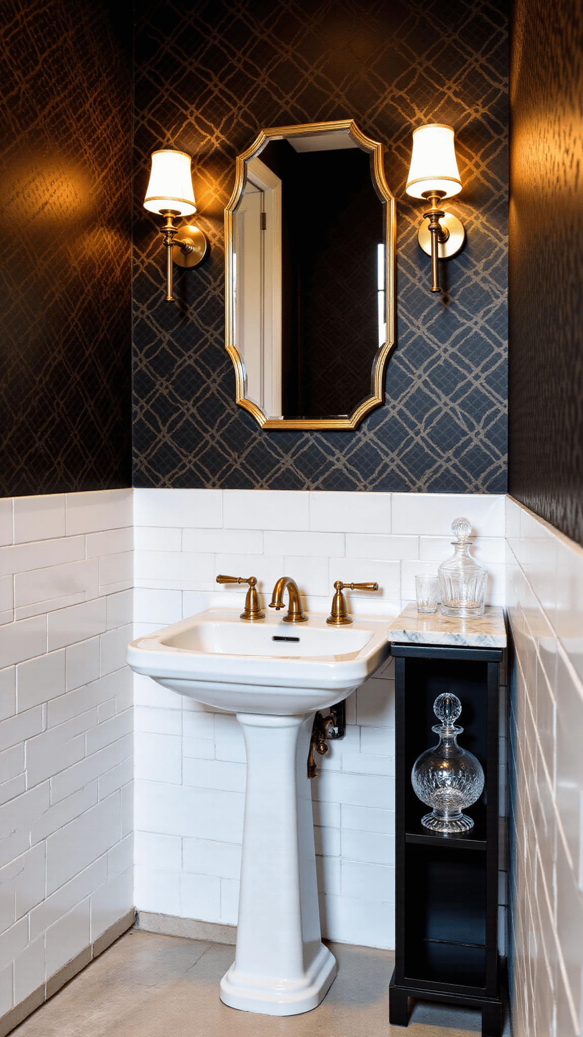 Art Deco style bathroom with black and gold geometric wallpaper, white subway tile wainscoting, vintage pedestal sink with brass fixtures, octagonal mirror with integrated lighting, and crystal decanter set on marble shelf under warm spotlights.